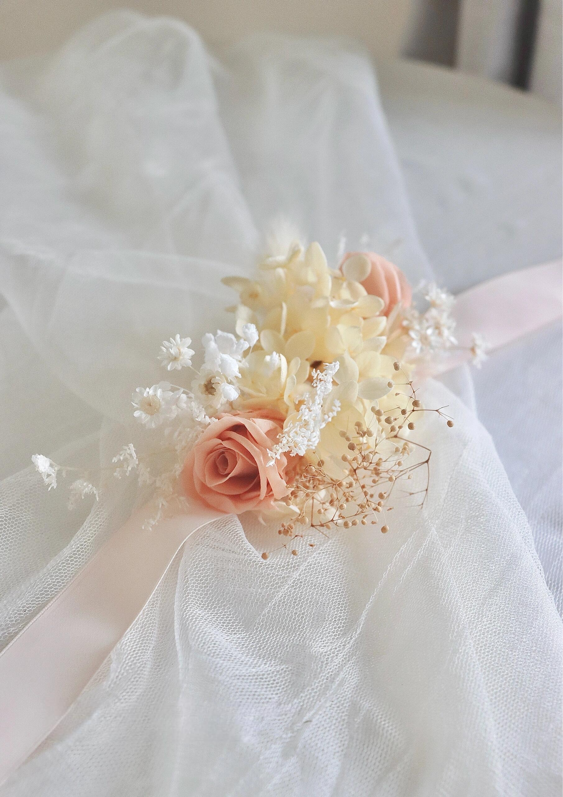 Wrist Corsage In Soft Peach & White Petals & Spring Wrist Corsage In Soft Peach & White Petals & Spring