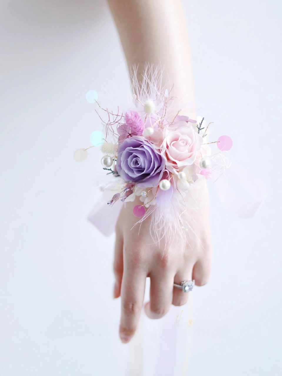 lavender flower corsage Wrist Corsage With Lavender & Blush Rose
