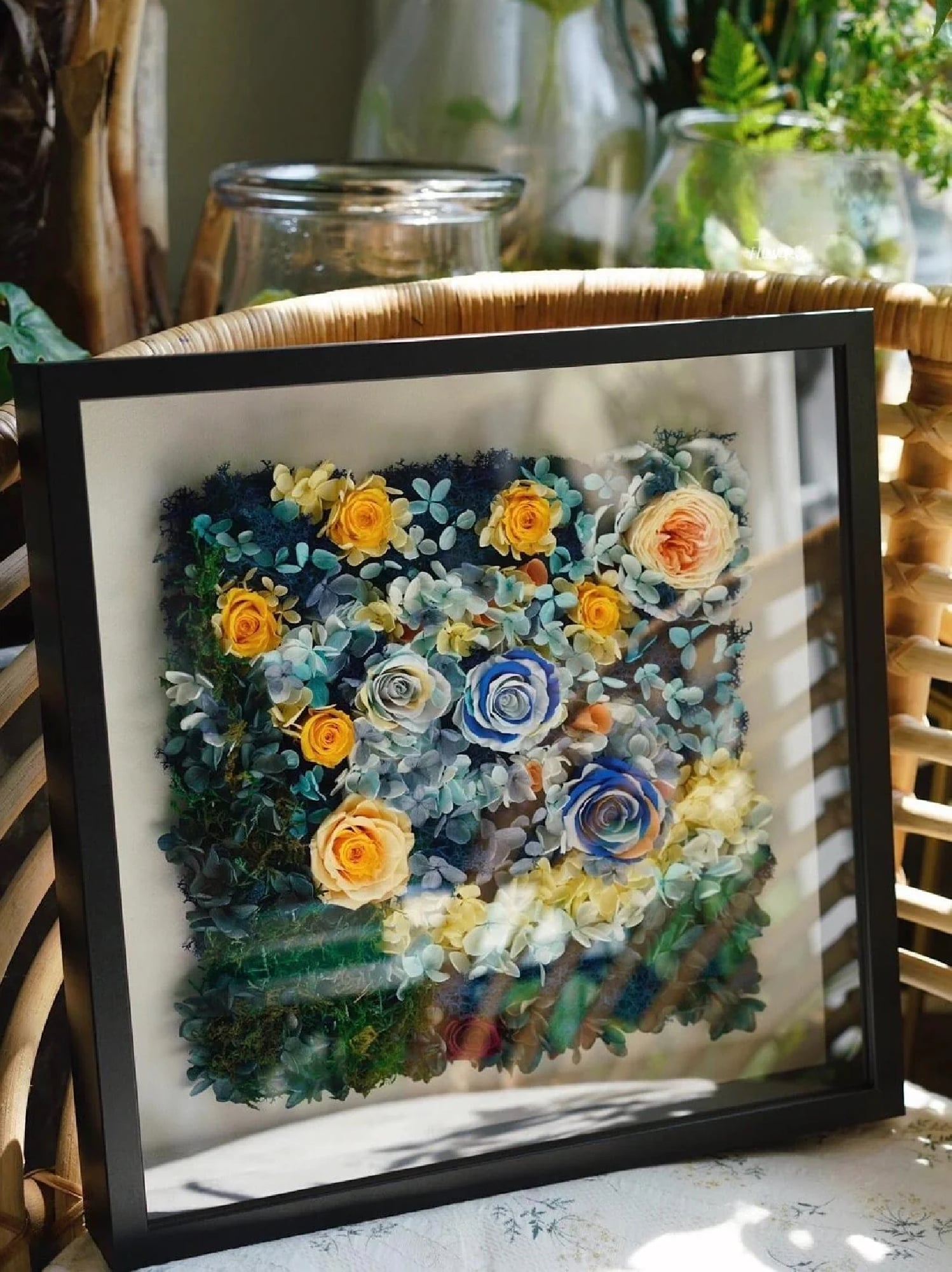 Van Gogh's painting The Starry Night inspired flower wall art made from preserved eternity roses