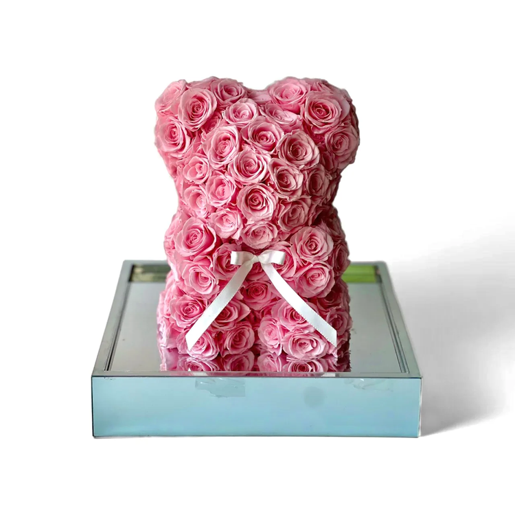 Pink rose bear made from real preserved roses