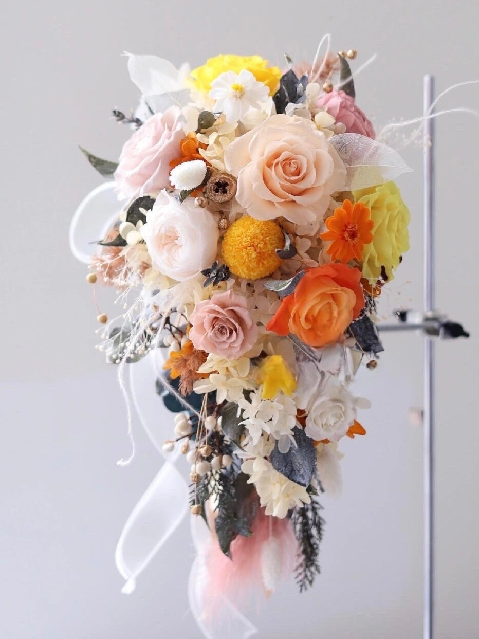 Autumn Sunrise Cascade Bridal Bouquet - Preserved Flower Wedding Bouquet