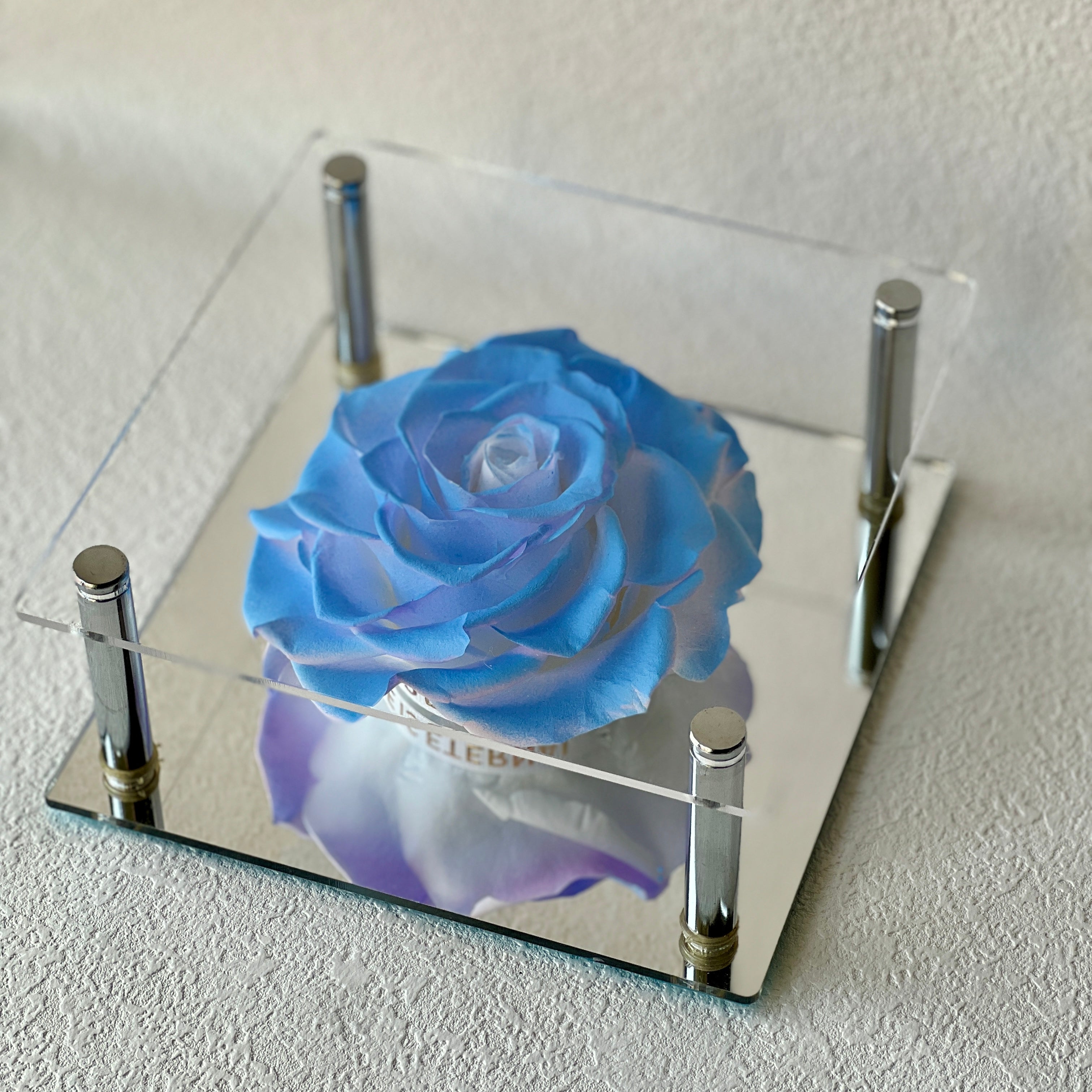 Solitary Splendor featuring a single stunning preserved blue peony in an acrylic box with a glass mirror bottom. A graceful eternity flower gift perfect for expressing admiration, love, or gratitude.