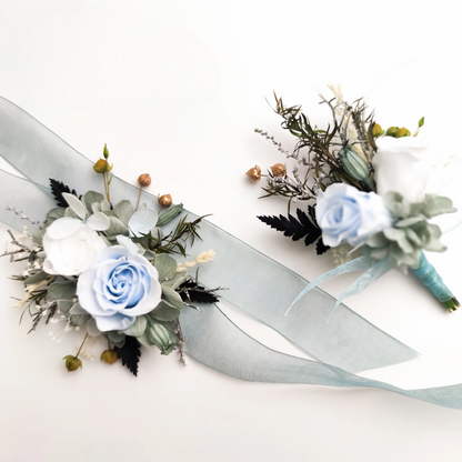 Corsage With Preserved Roses (White & Blue)