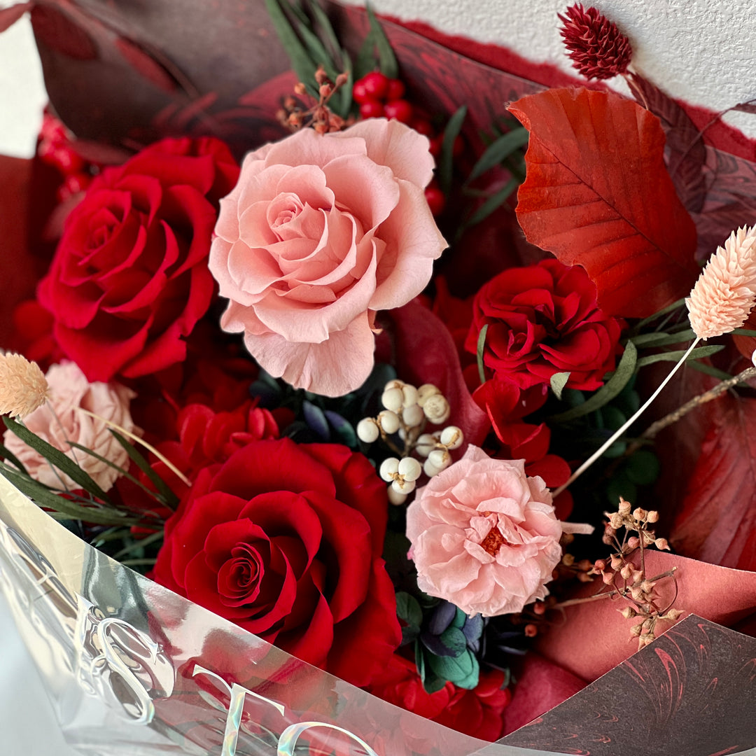 Pink & Red Rose Bouquet With Greeneries - Preserved Flower Bouquet