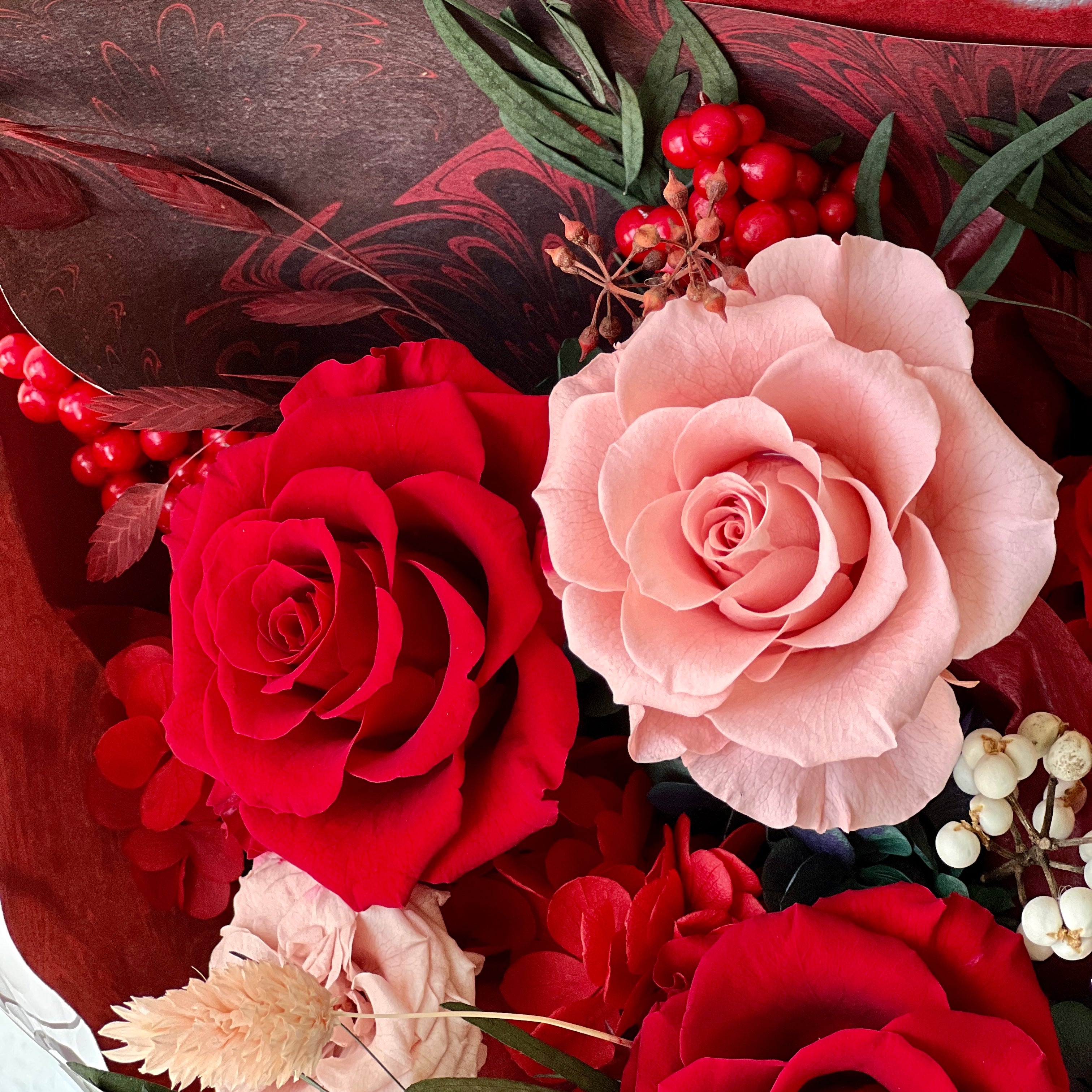 Pink & Red Rose Bouquet With Greeneries - Preserved Flower Bouquet