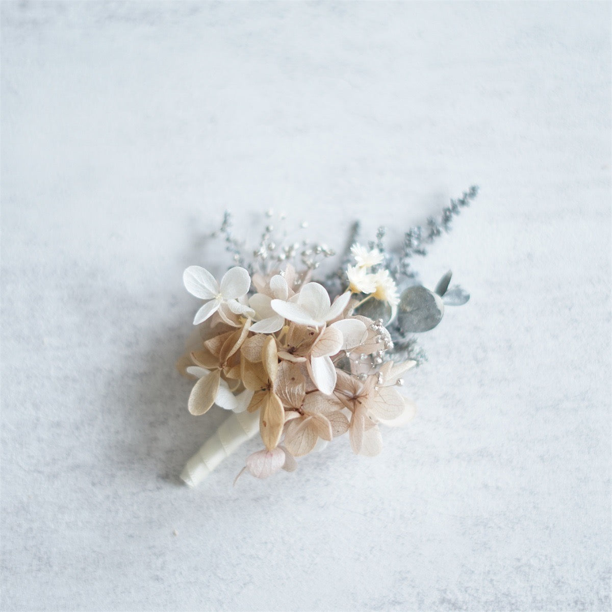 Boutonniere With Preserved Ivory & Cream Hydrangea