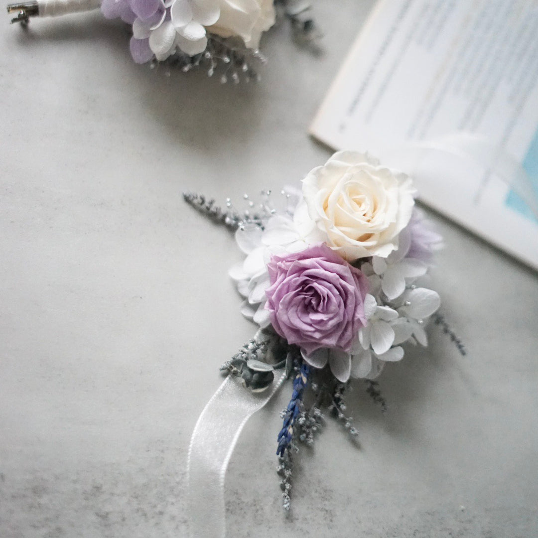 Preserved Rose Corsage With In Ivory White & Lavender real rose corsages
