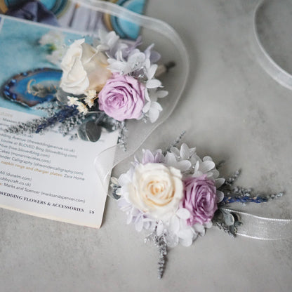 preserved rose Corsage With In Ivory White & Lavender Roses real rose corsages