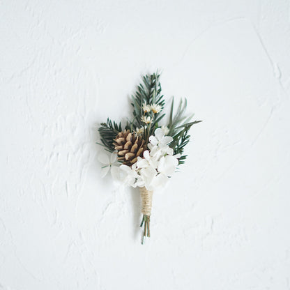 Boutonniere In Crimson Red With Pine Cone