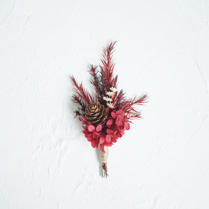 Boutonniere In Crimson Red With Pine Cone