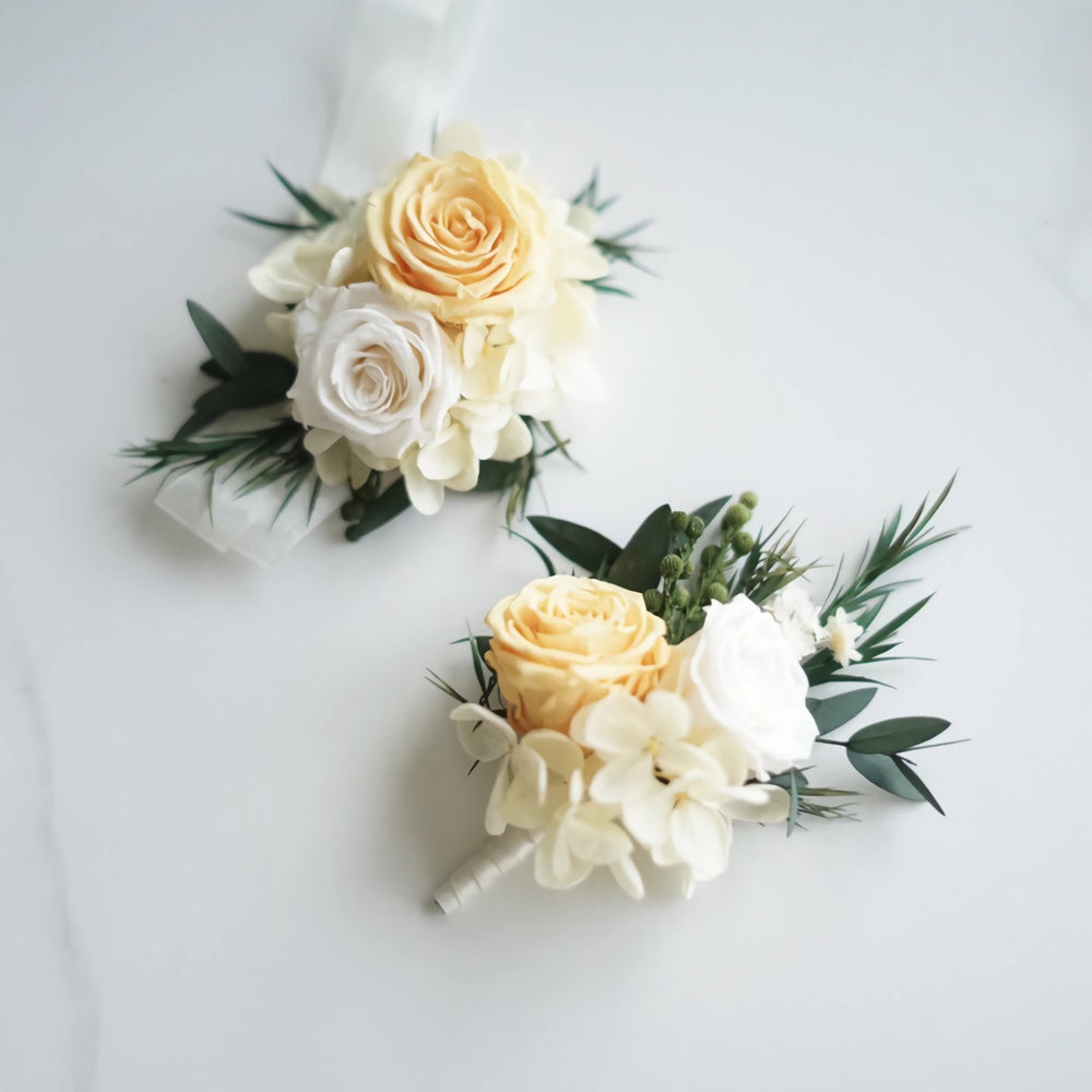 real flower corsage preserved real corsages in Ivory and yellow