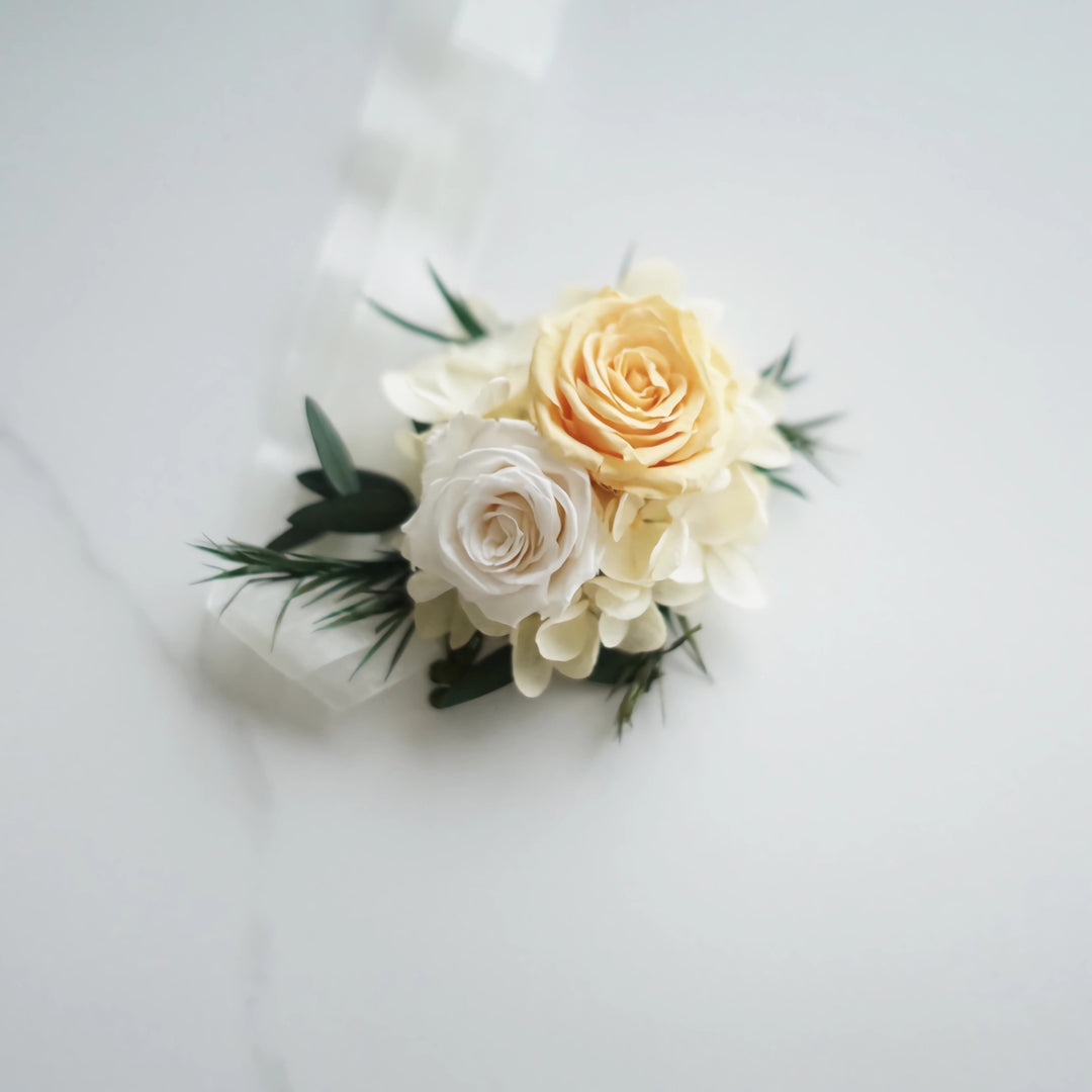 real flower corsage preserved real corsages in Ivory and yellow