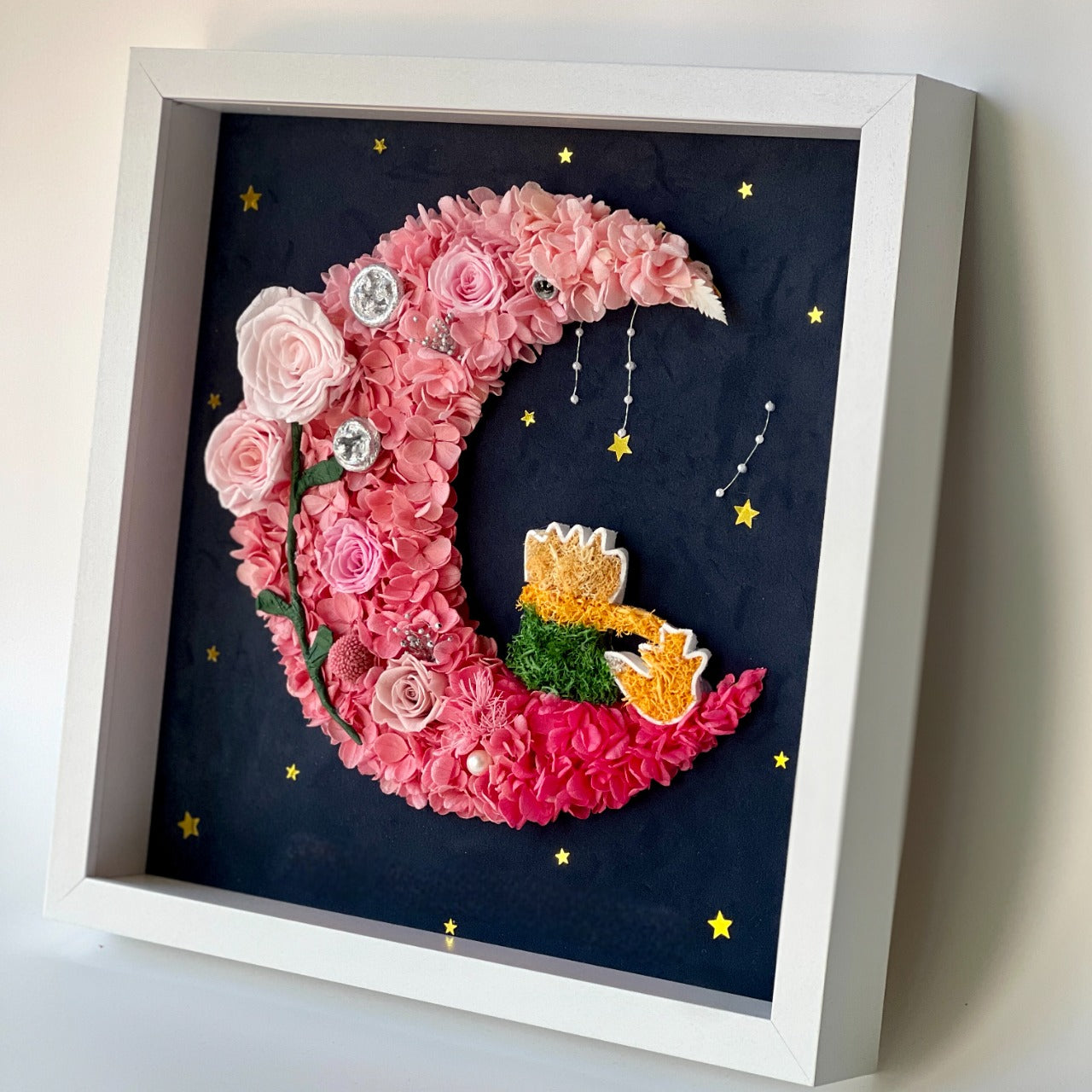 The Little Prince Le Petit Prince preserved floral artwork featuring roses and hydrangeas, capturing the iconic moonlit scene. A perfect tribute to imagination and adventure.