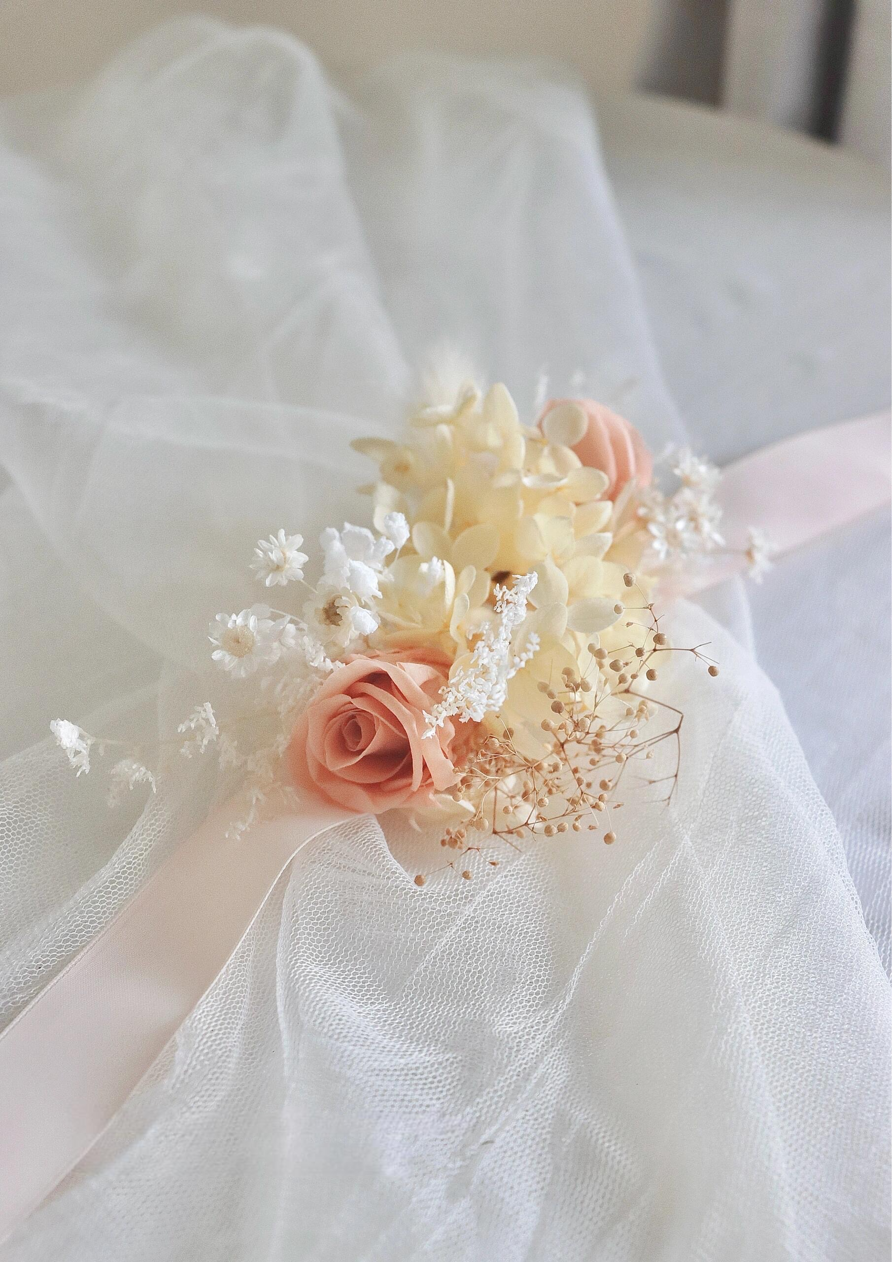 Wrist Corsage In Soft Peach & White