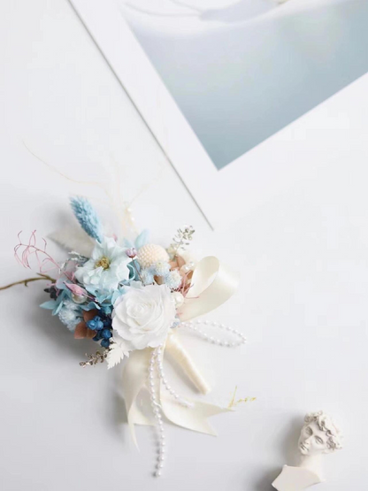 Boutonniere In Pastel Blue & Pristine White