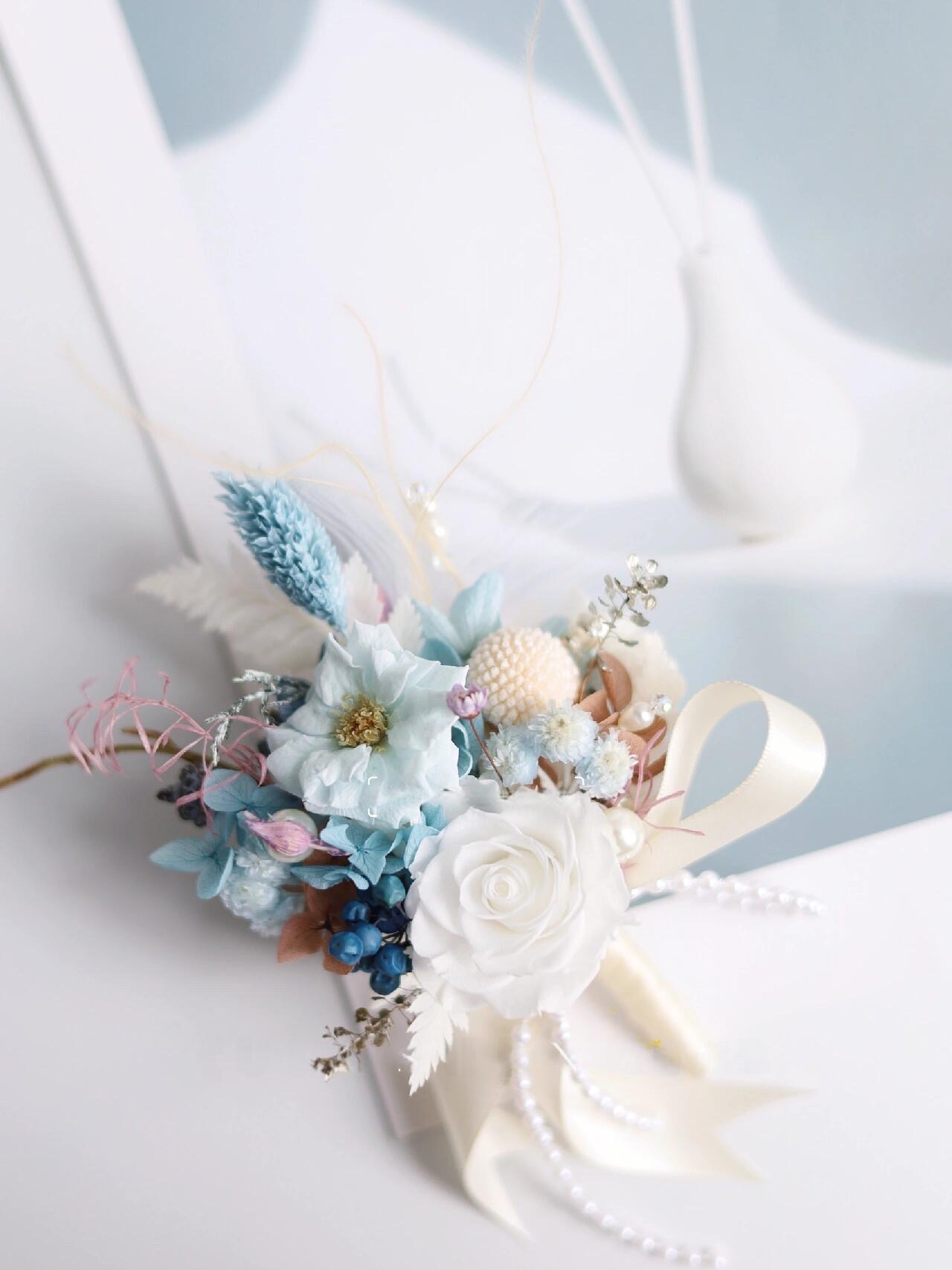 Boutonniere In Pastel Blue & Pristine White