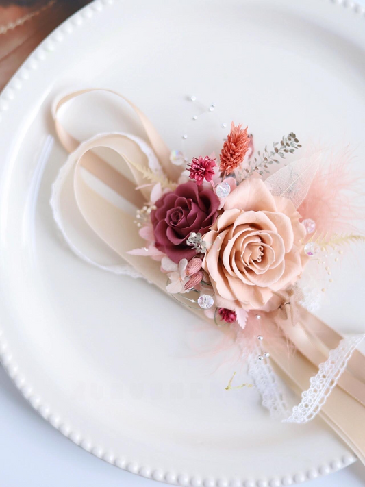 Wrist Corsage In Soft Blush & Burgundy