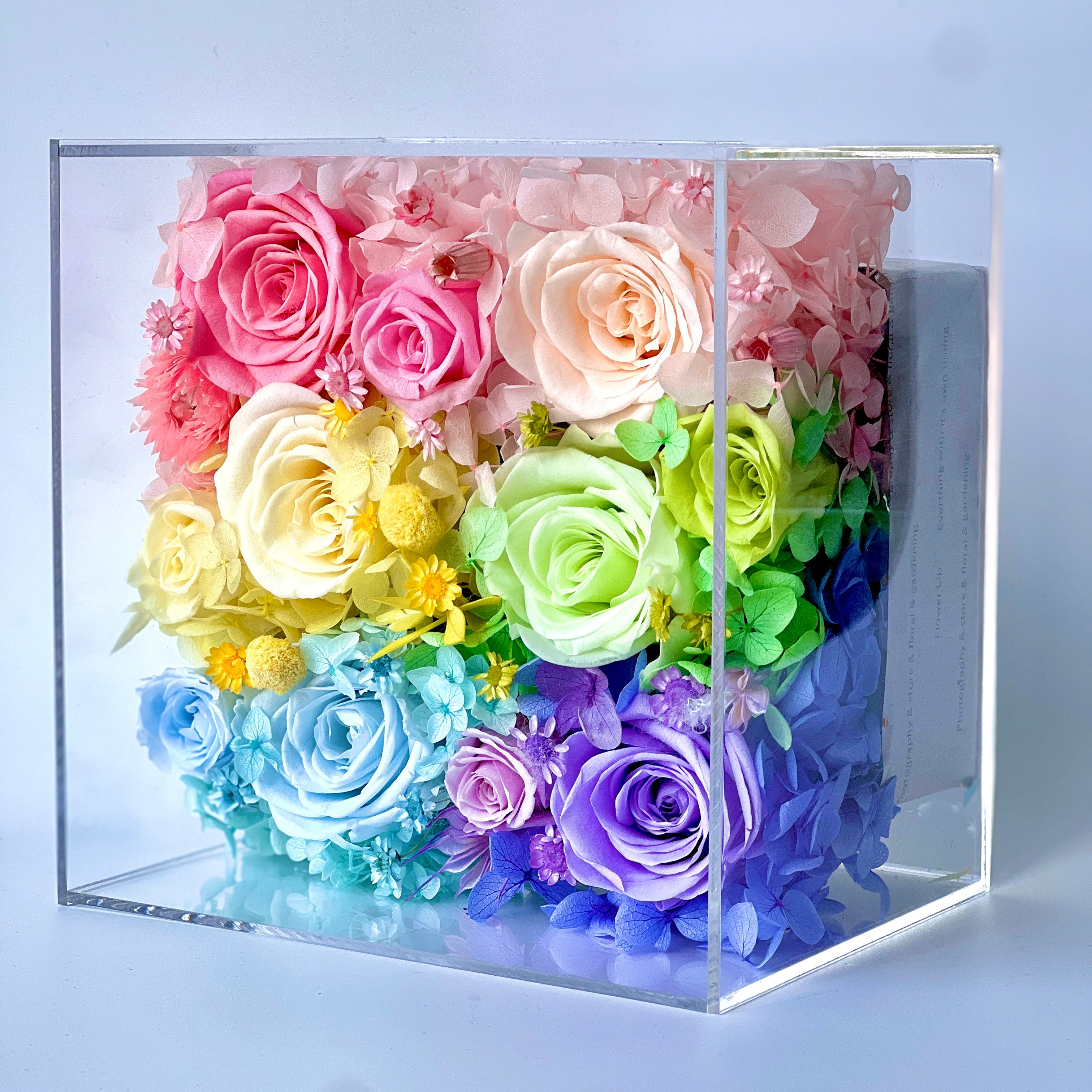 macaroon pastel color Preserved eternity roses with hydrangeas in a gift box
