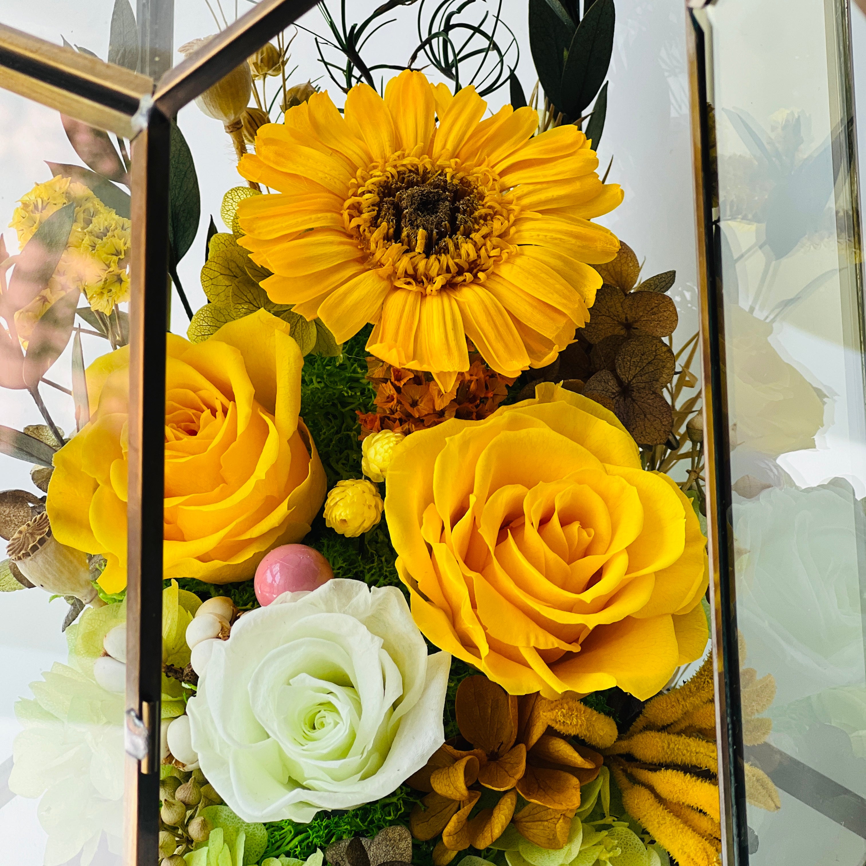 Sunshine and Serenity preserved floral arrangement featuring sunny yellow roses, a cheerful sunflower, and delicate white roses in a geometric acrylic terrarium. A perfect eternity rose gift to brighten any space.