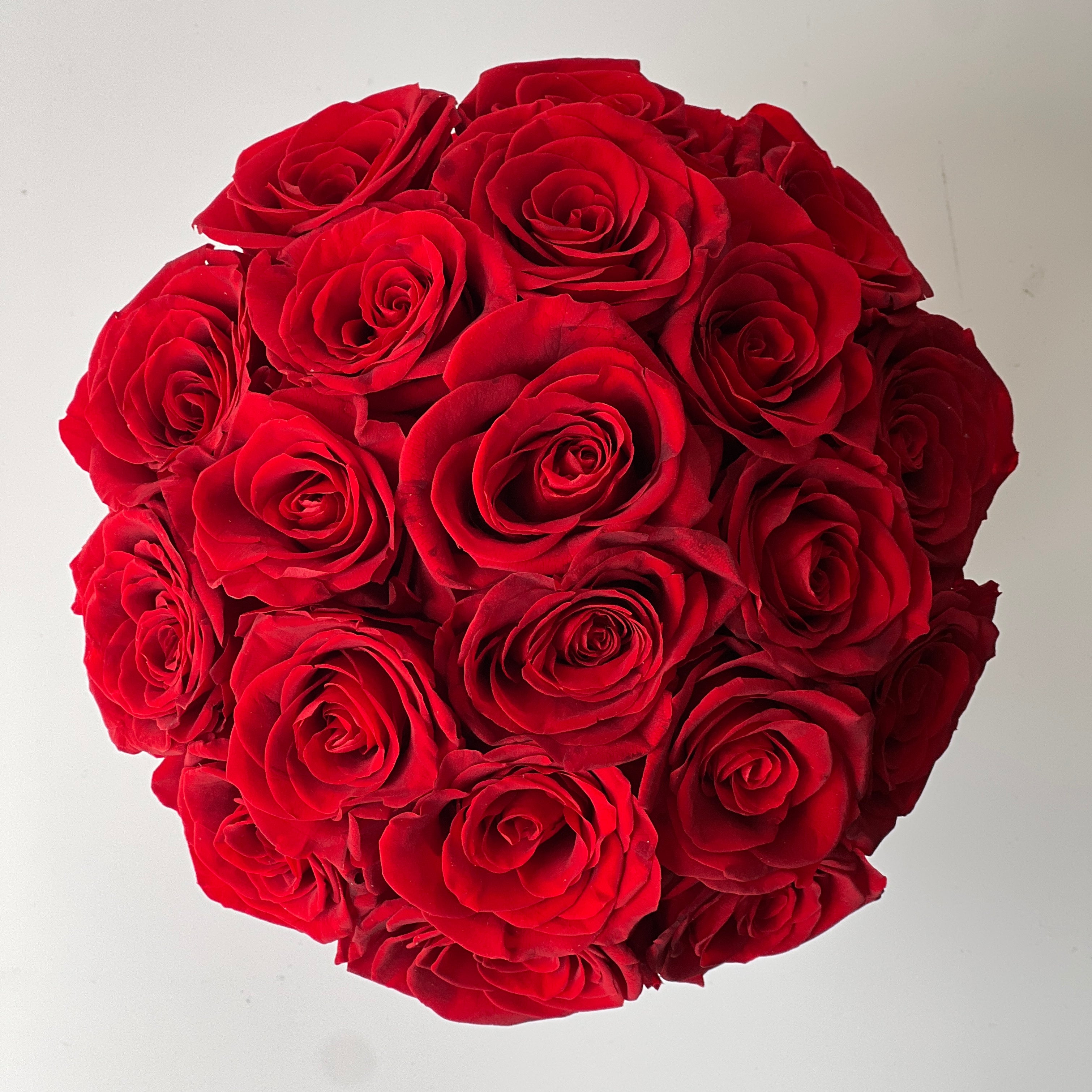 Preserved Red Rose Arrangement—vivid red blooms, perfectly preserved for lasting beauty. Ideal for adding a romantic touch to any space or as a thoughtful gift.