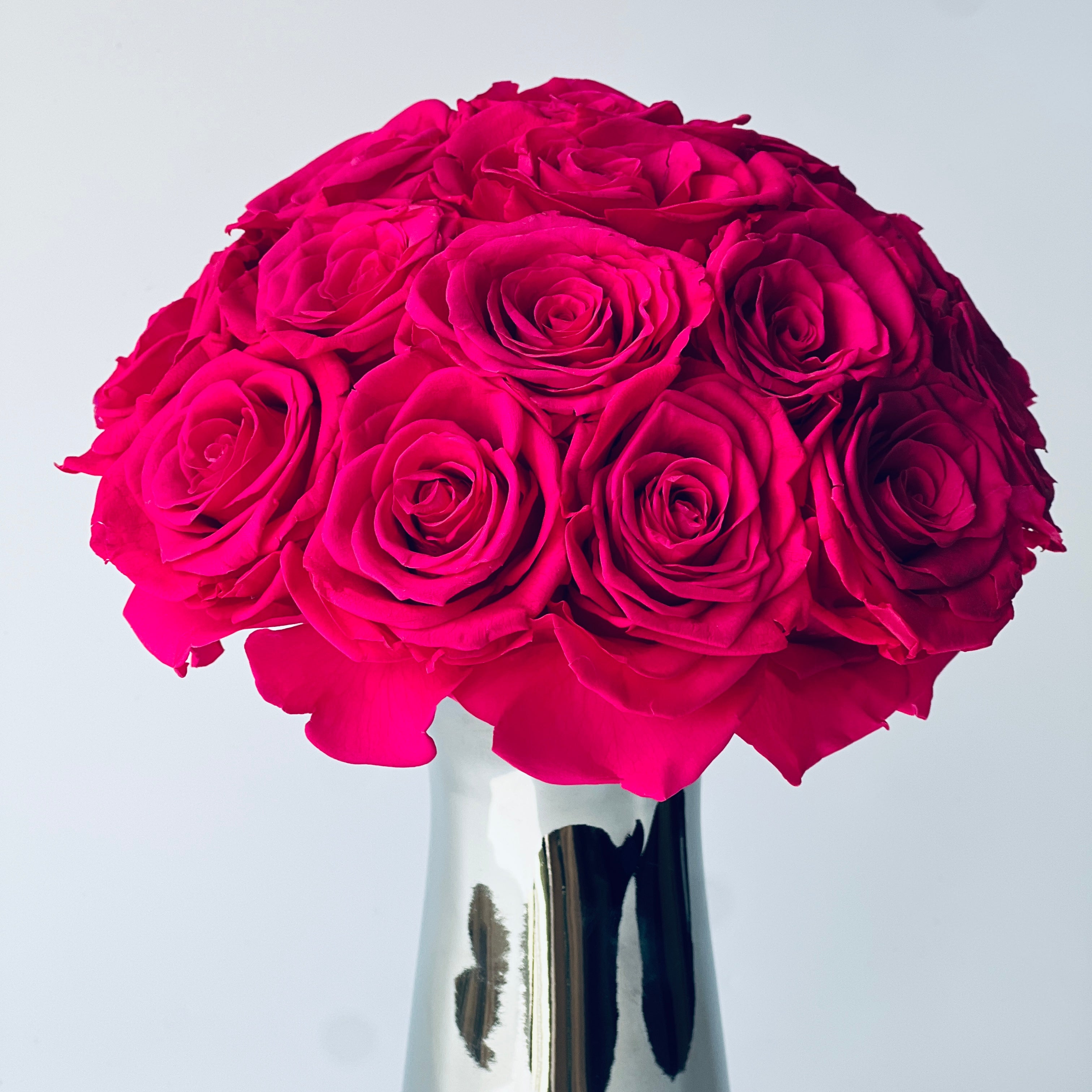 Vivid Pink Preserved Rose Bouquet in a sleek vase—vibrant, maintenance-free beauty. Perfect for home décor or as a lasting gift for any special occasion.