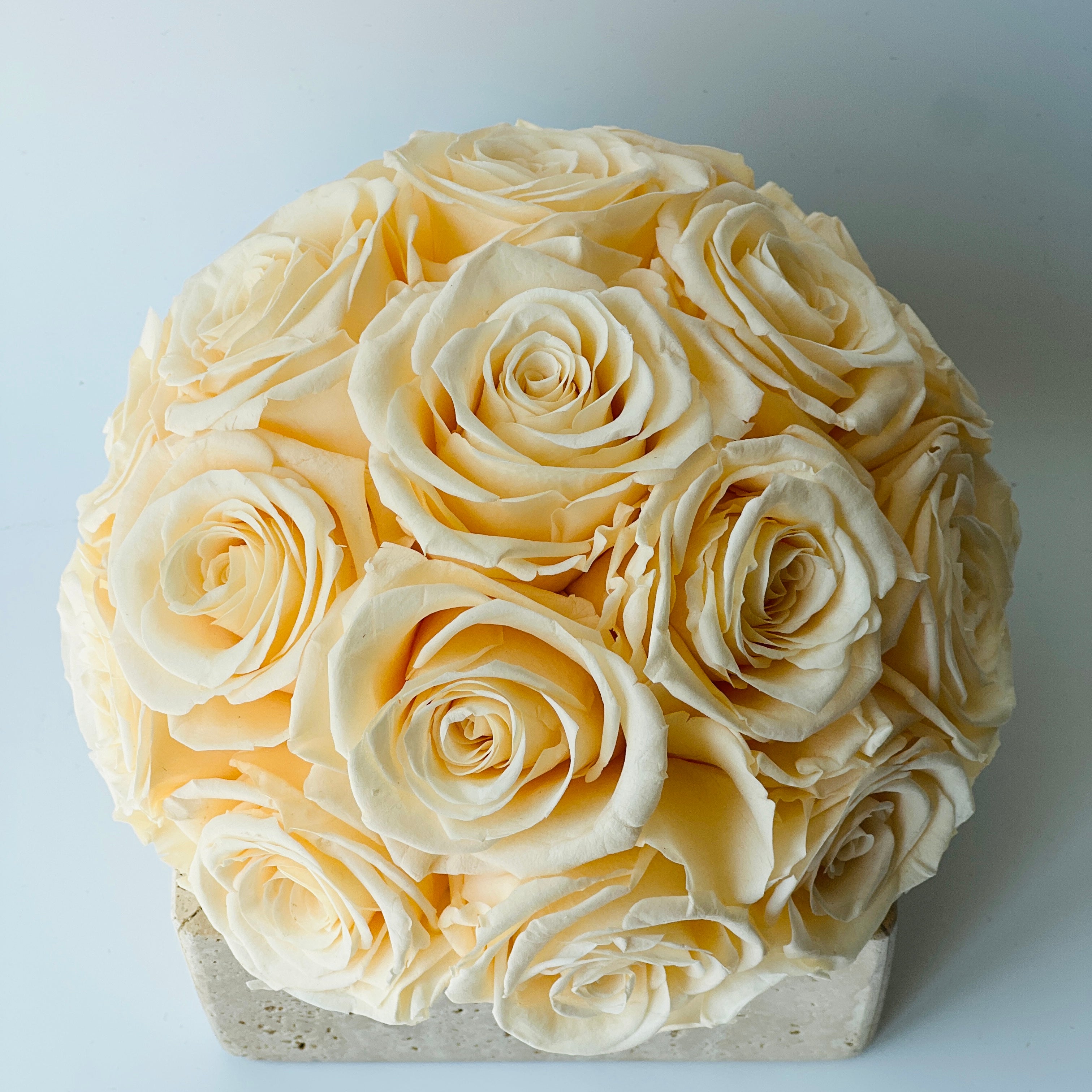 Golden Glow features creamy yellow preserved roses in a rustic concrete pot, offering enduring beauty without maintenance—a perfect gift or décor piece.