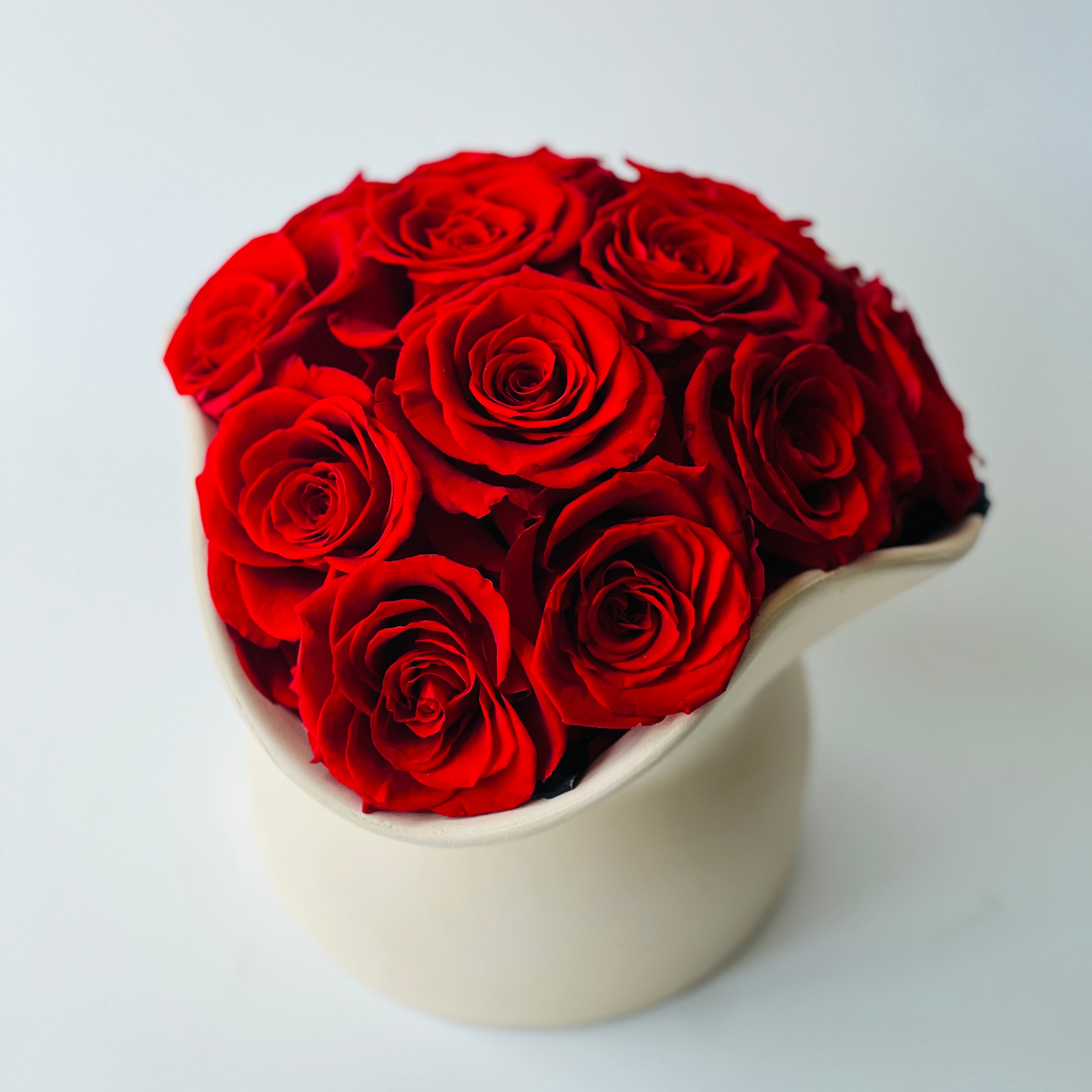 Deep red preserved roses in a cream ceramic pitcher, combining classic beauty with rustic charm. Perfect as elegant decor or a lasting, maintenance-free gift.