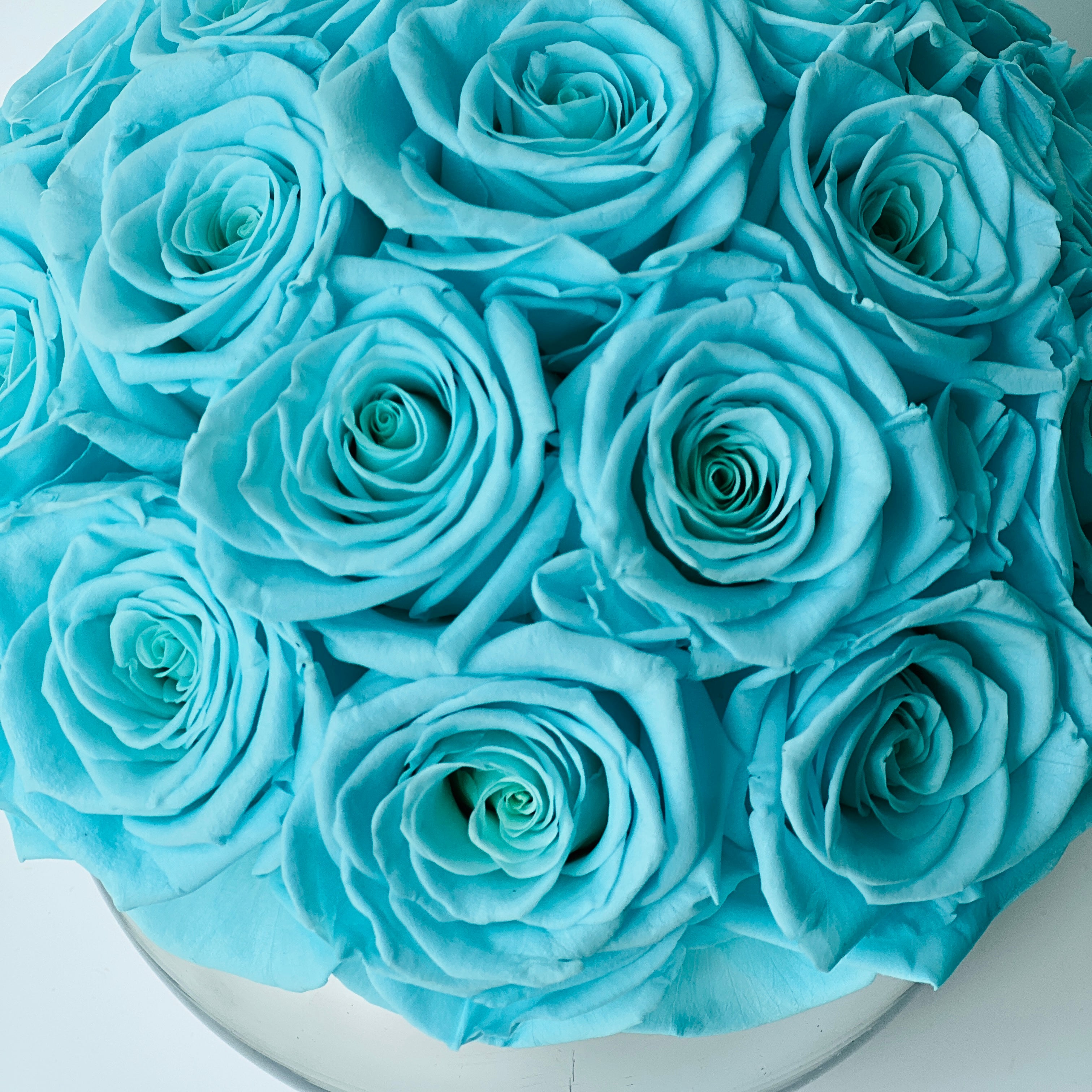 Preserved Tiffany Blue Rose Arrangement: Timeless beauty in soft blue hues. Expertly preserved blooms offer elegance without maintenance, perfect for any space or gift.