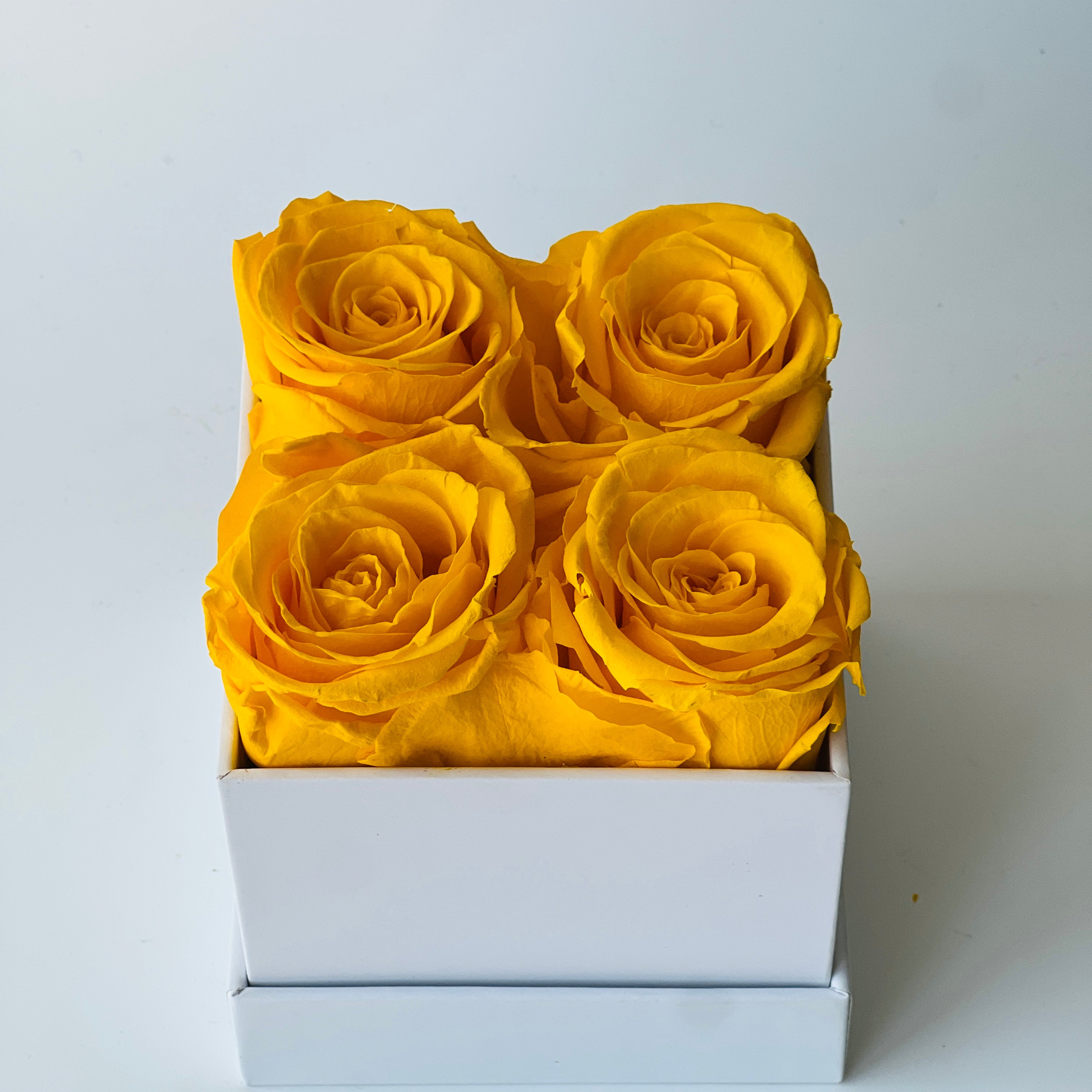 The Sunshine Roses arrangement features vibrant yellow preserved roses in a minimalist white box, offering a burst of joy and lasting beauty. This cheerful eternity rose gift is perfect for brightening any space or as a thoughtful gesture for any occasion.