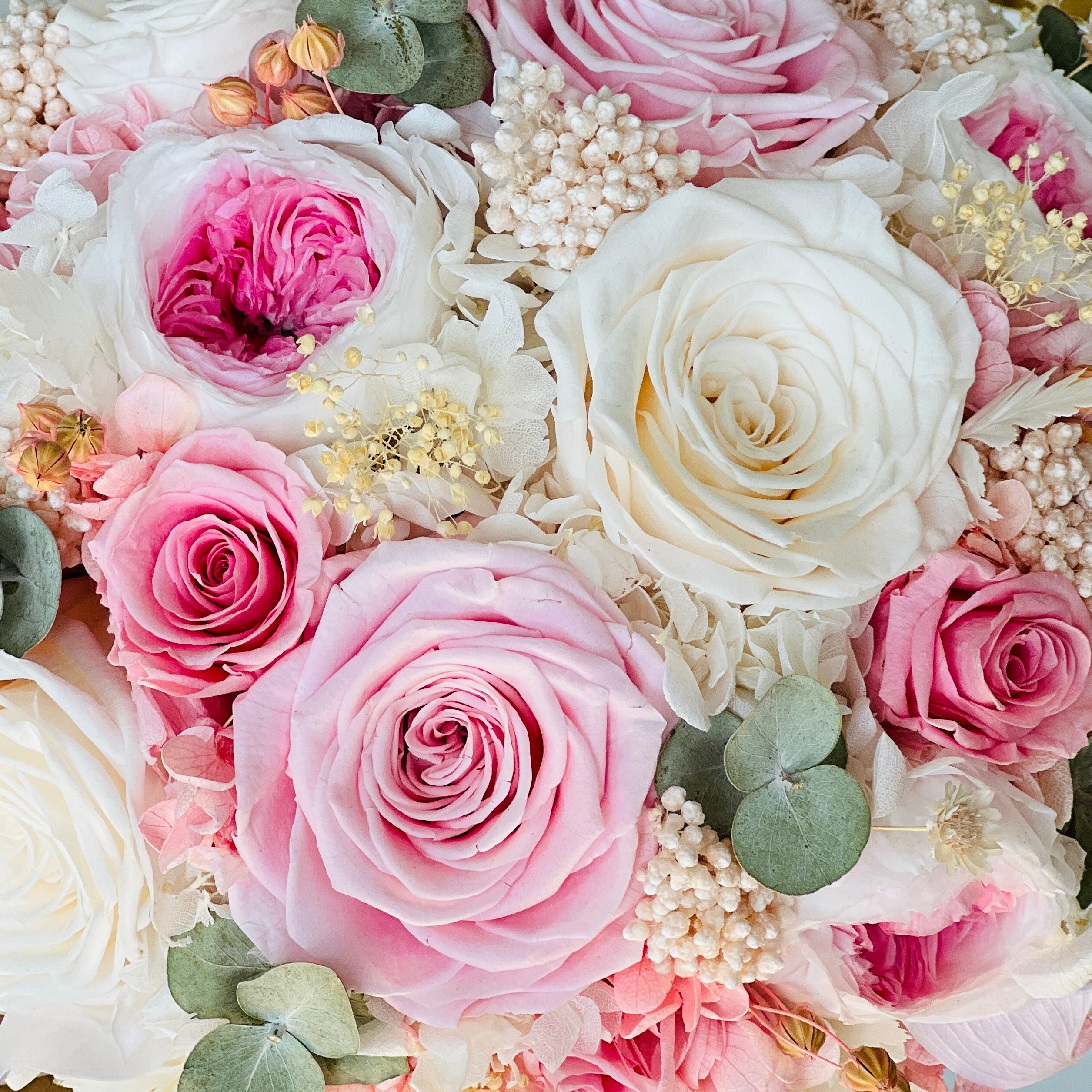 Blushing Beauty Bouquet: Preserved pink and white roses with hydrangeas and baby's breath, accented by soft greenery in an elegant vase. Ideal for gifting.