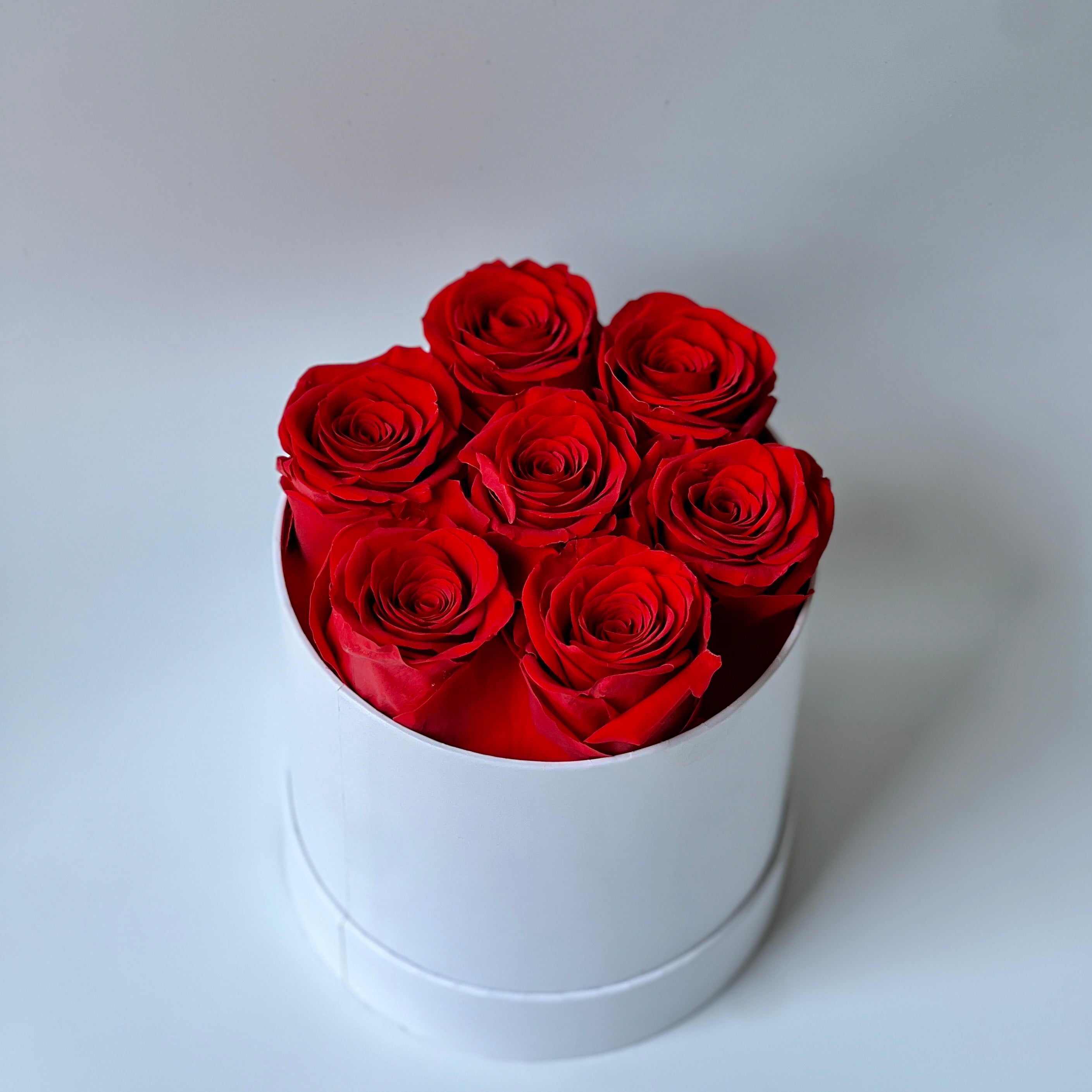 The Scarlet Elegance preserved flower arrangement features a stunning collection of deep red roses, carefully encased in a sleek white box. A perfect eternity rose gift exuding romance and sophistication, ideal for any special occasion.