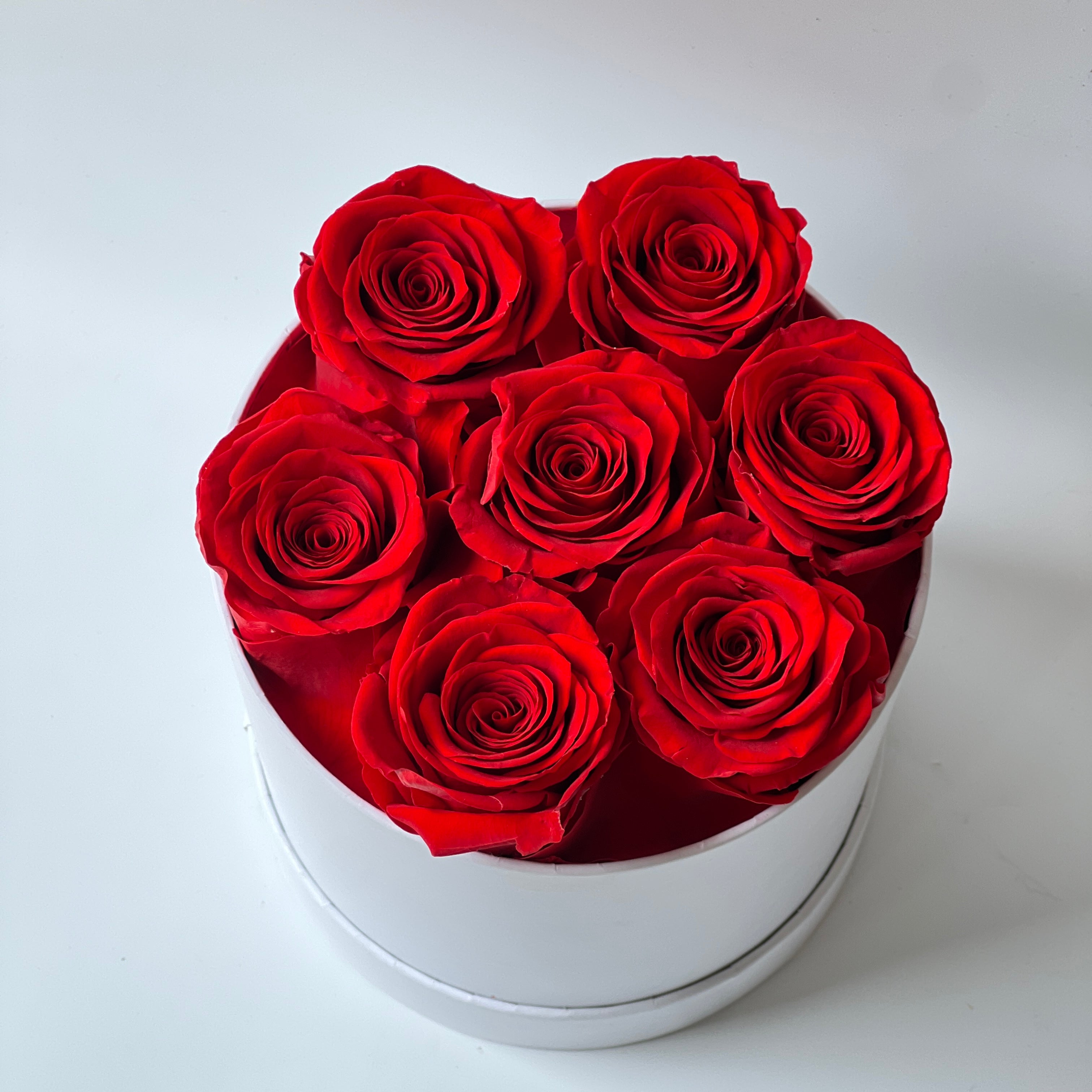 The Scarlet Elegance preserved flower arrangement features a stunning collection of deep red roses, carefully encased in a sleek white box. A perfect eternity rose gift exuding romance and sophistication, ideal for any special occasion.