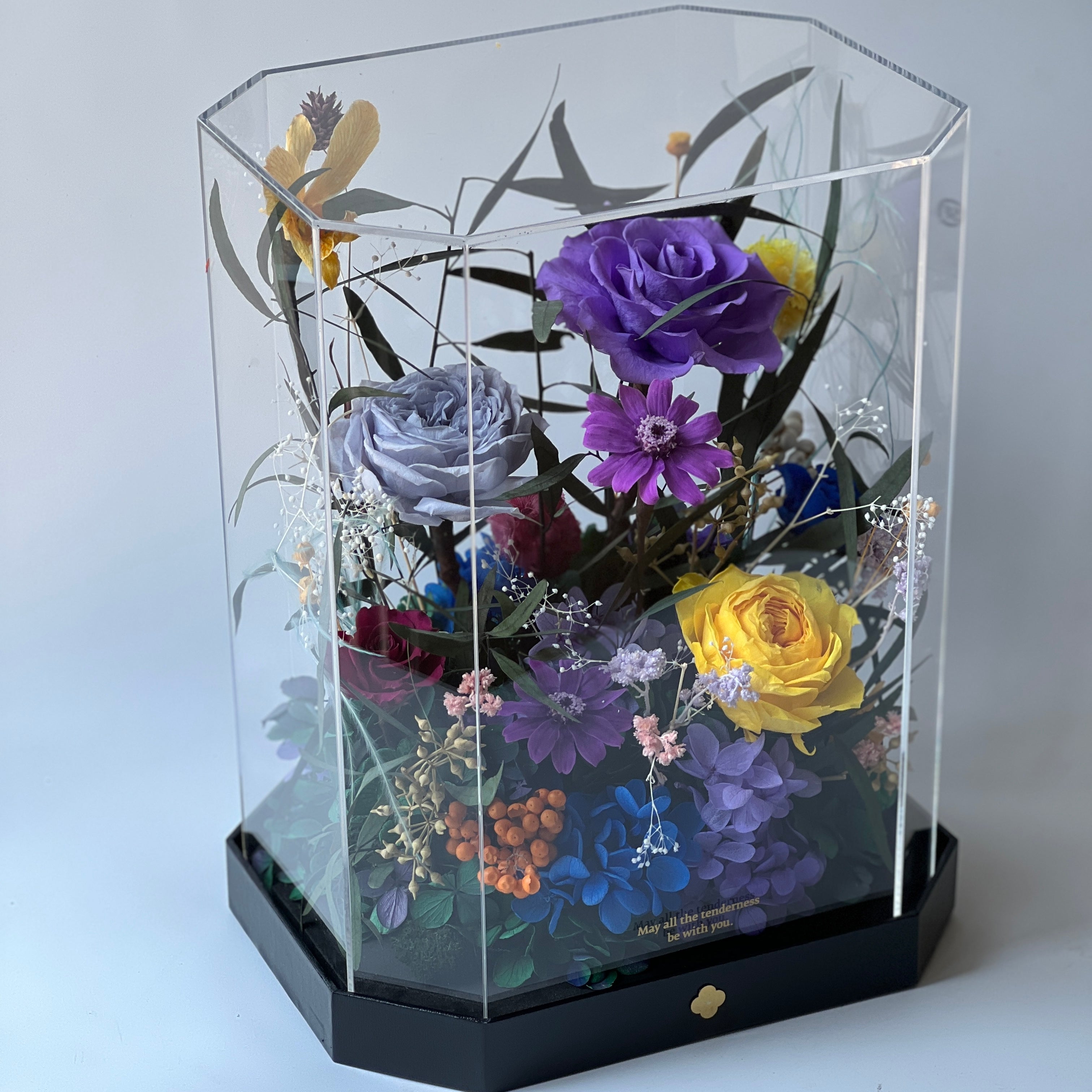 Mini Garden preserved flower arrangement featuring vibrant multi-color roses and delicate clematis in a sleek acrylic box. A thoughtful eternity rose gift perfect for brightening any space.