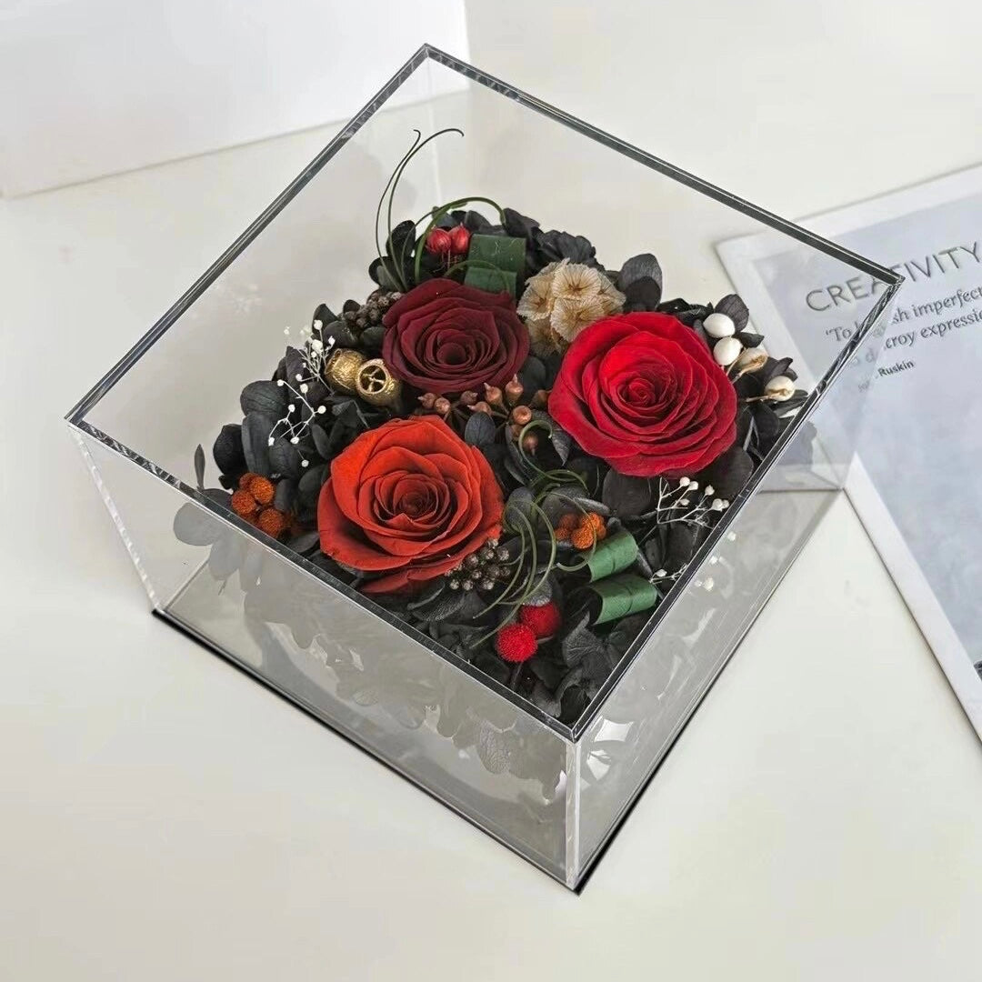 The 8 Rose Mini Floral Box features three preserved roses beautifully arranged in a compact box. A perfect eternity rose gift for making a thoughtful and elegant gesture on any special occasion.