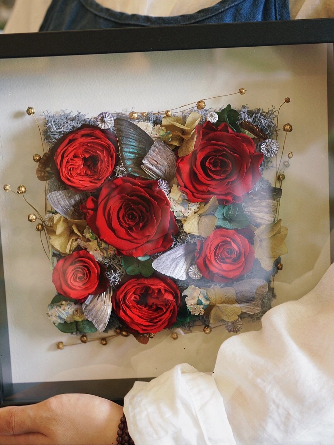 Framed Preserved Flower Wall Art - Roses & Butterfly