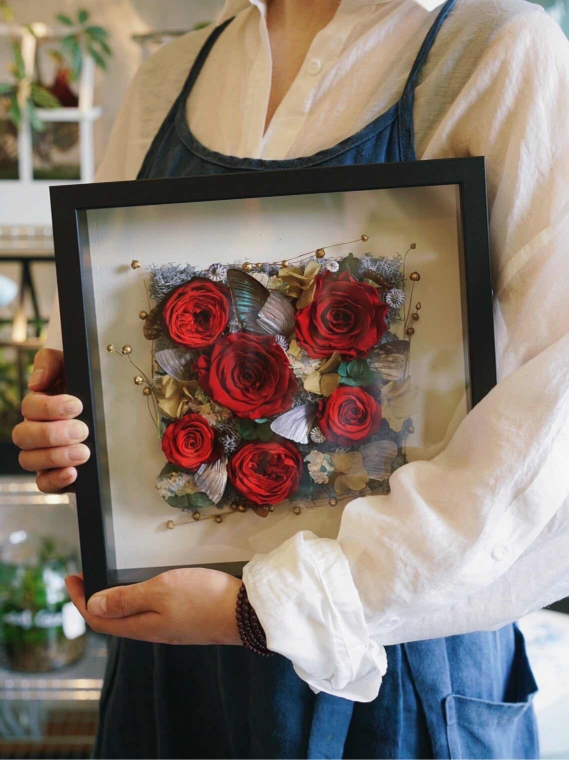 Framed Preserved Flower Wall Art - Roses & Butterfly