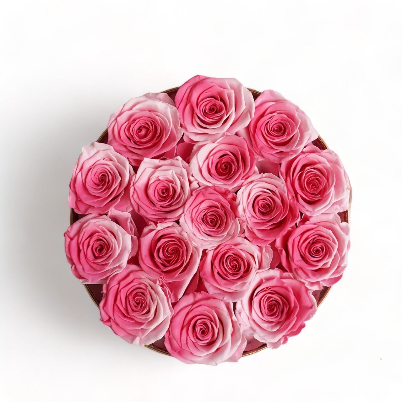 Stunning floral box featuring 16 long-stemmed preserved roses, available in multiple colors, elegantly arranged in a round box. A perfect eternity rose gift for birthdays, anniversaries, or Valentine's Day.