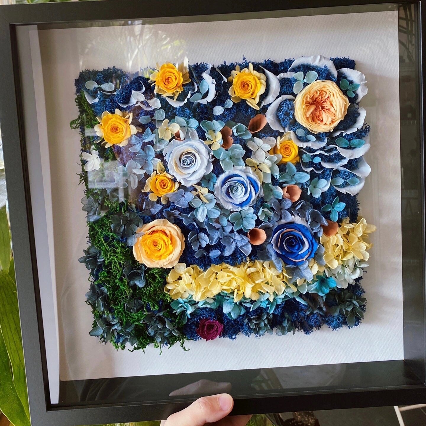 Van Gogh's The Starry Night reimagined with preserved flowers and greenery, creating a stunning floral wall art piece that brings texture and vibrancy to your space.