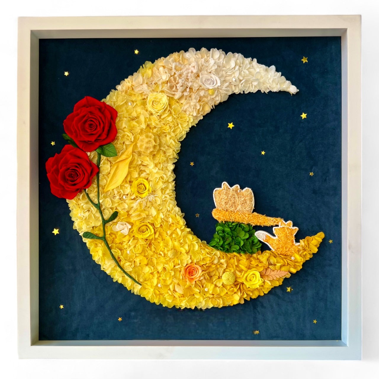 The Little Prince Le Petit Prince preserved floral artwork featuring roses and hydrangeas, capturing the iconic moonlit scene. A perfect tribute to imagination and adventure.