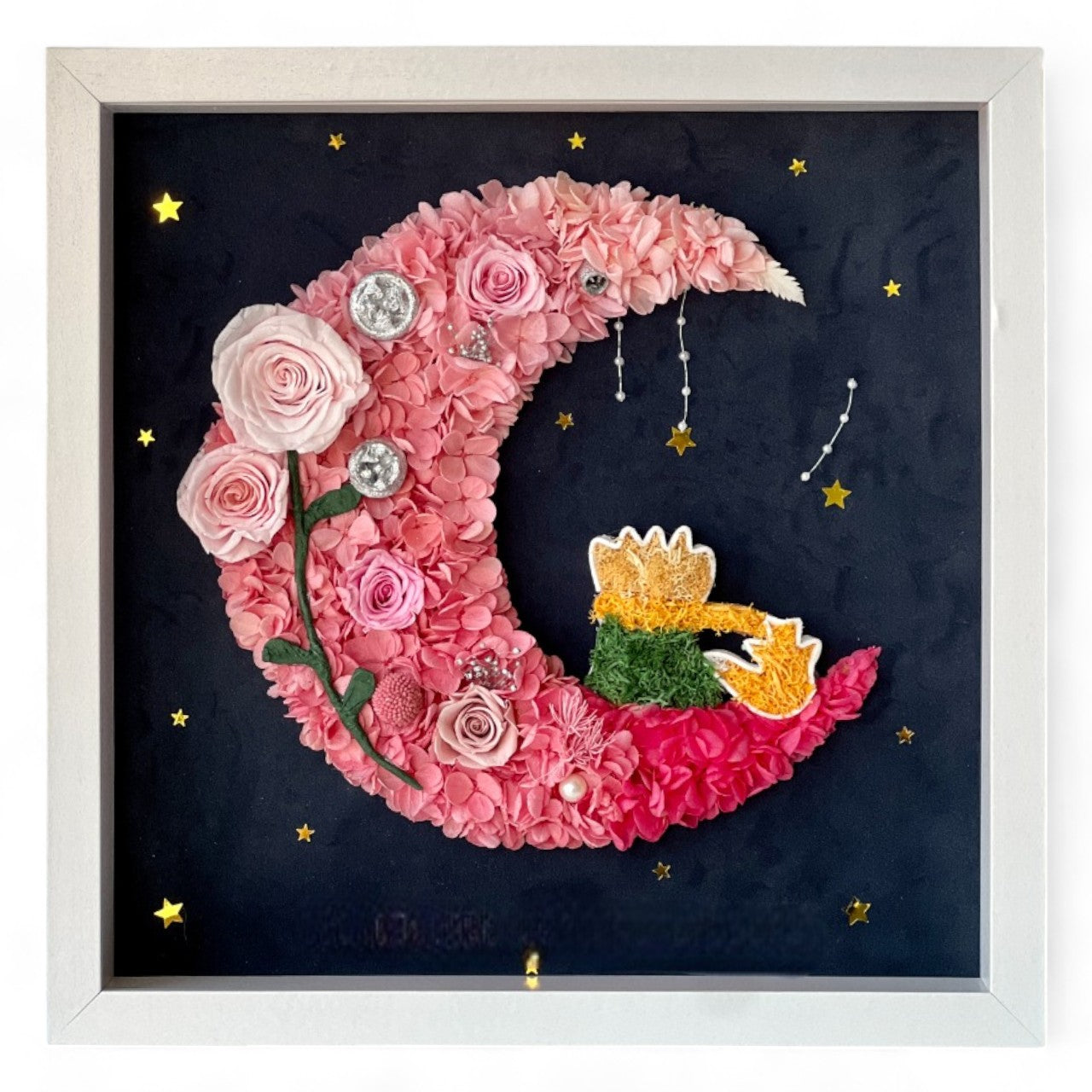 The Little Prince Le Petit Prince preserved floral artwork featuring roses and hydrangeas, capturing the iconic moonlit scene. A perfect tribute to imagination and adventure.