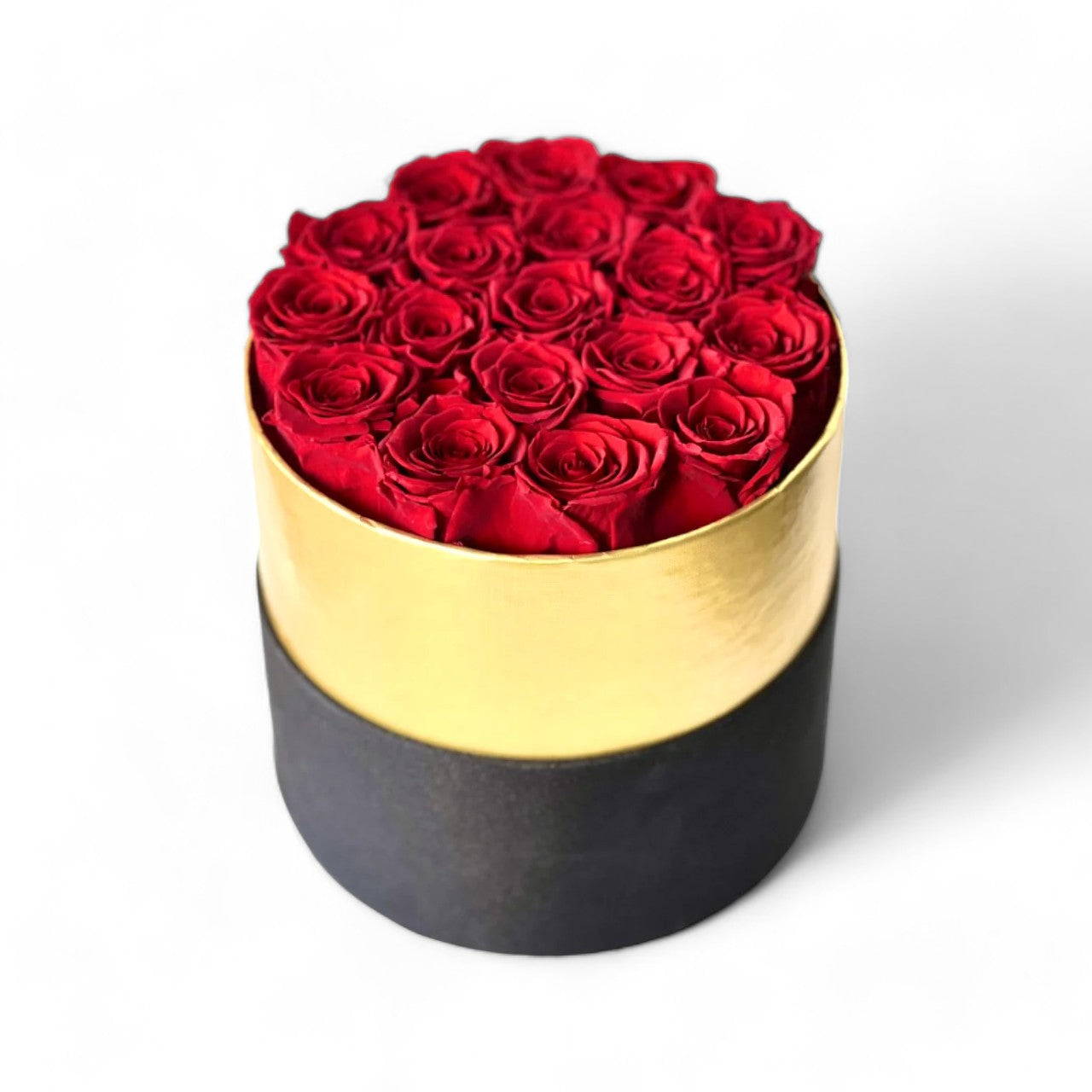 Luxurious Preserved Red Roses Hat Box featuring vibrant preserved red roses in a gold and black container. A timeless expression of love, perfect for gifting or adding elegance to any space.