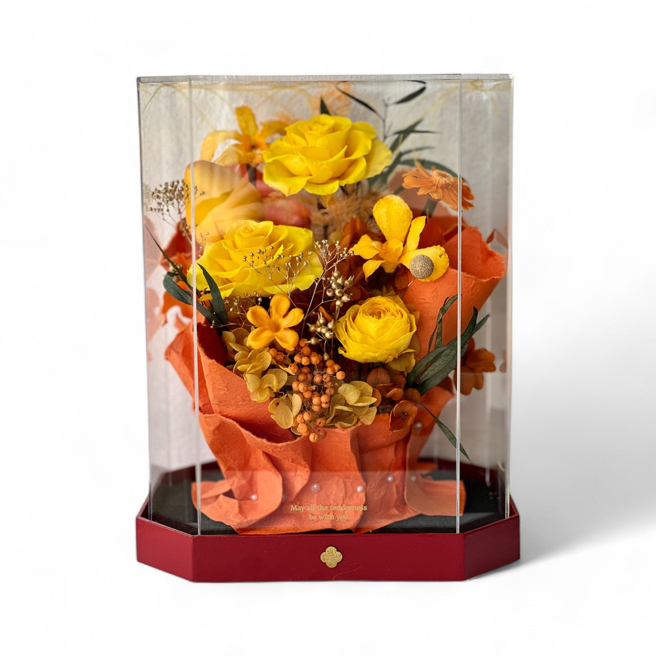 Mini Garden preserved flower arrangement featuring vibrant yellow roses and delicate clematis, elegantly displayed in a sleek acrylic box. A perfect eternity rose gift for bringing warmth and joy to any space.