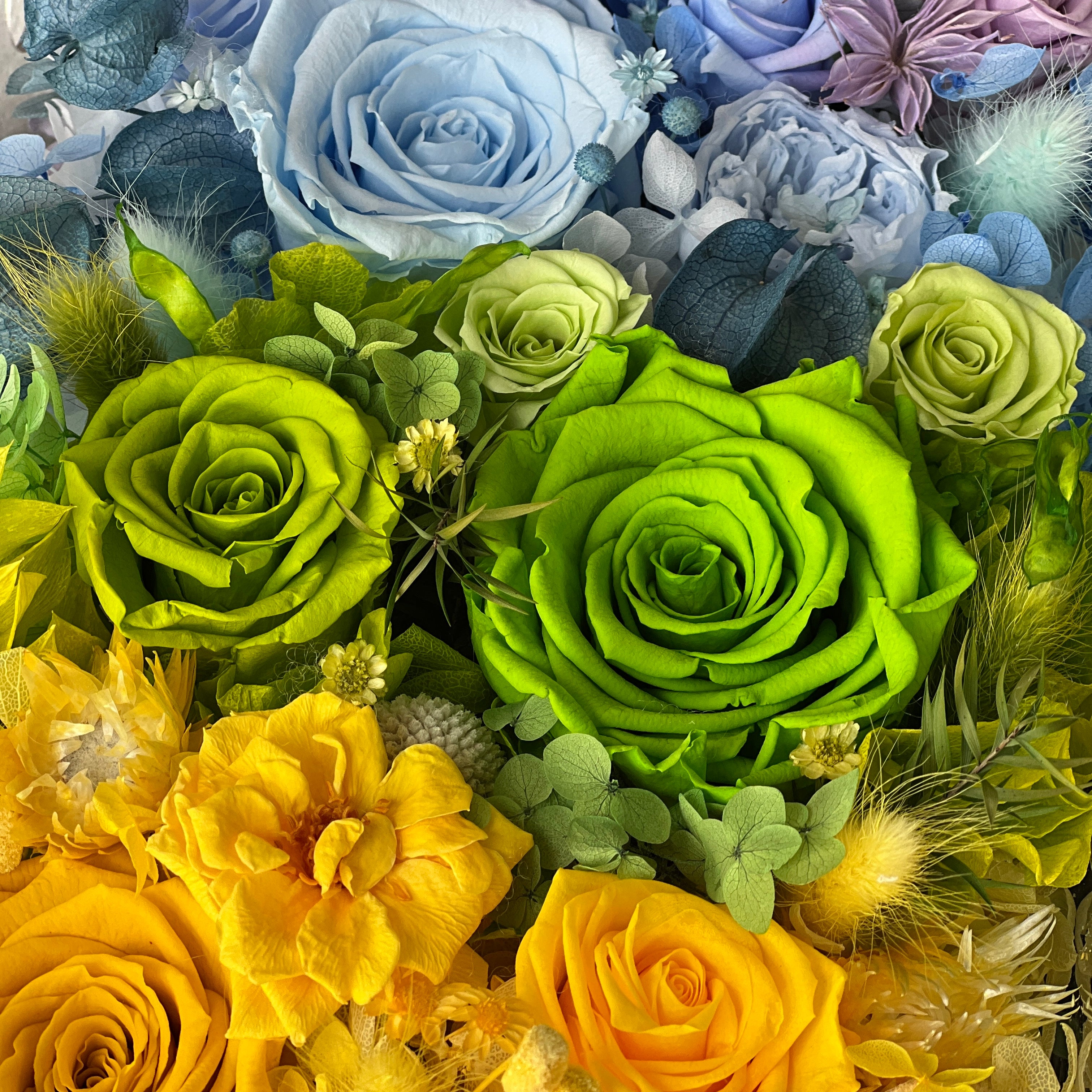 The Rainbow Floral Box showcases two dozen preserved roses in various colors and sizes, creating a vibrant and romantic display. A perfect eternity flower gift for special occasions like Valentine's Day or anniversaries.