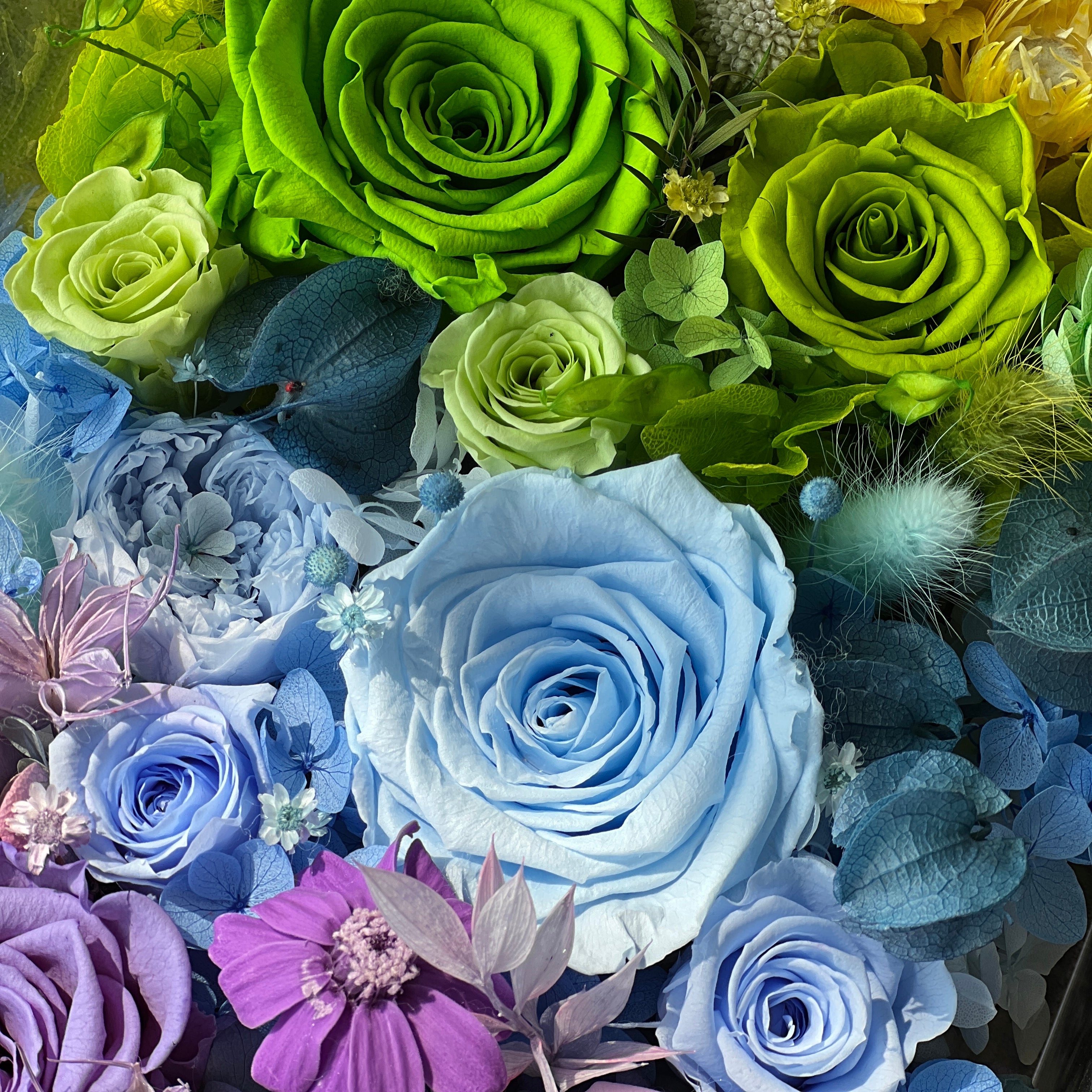 The Rainbow Floral Box showcases two dozen preserved roses in various colors and sizes, creating a vibrant and romantic display. A perfect eternity flower gift for special occasions like Valentine's Day or anniversaries.