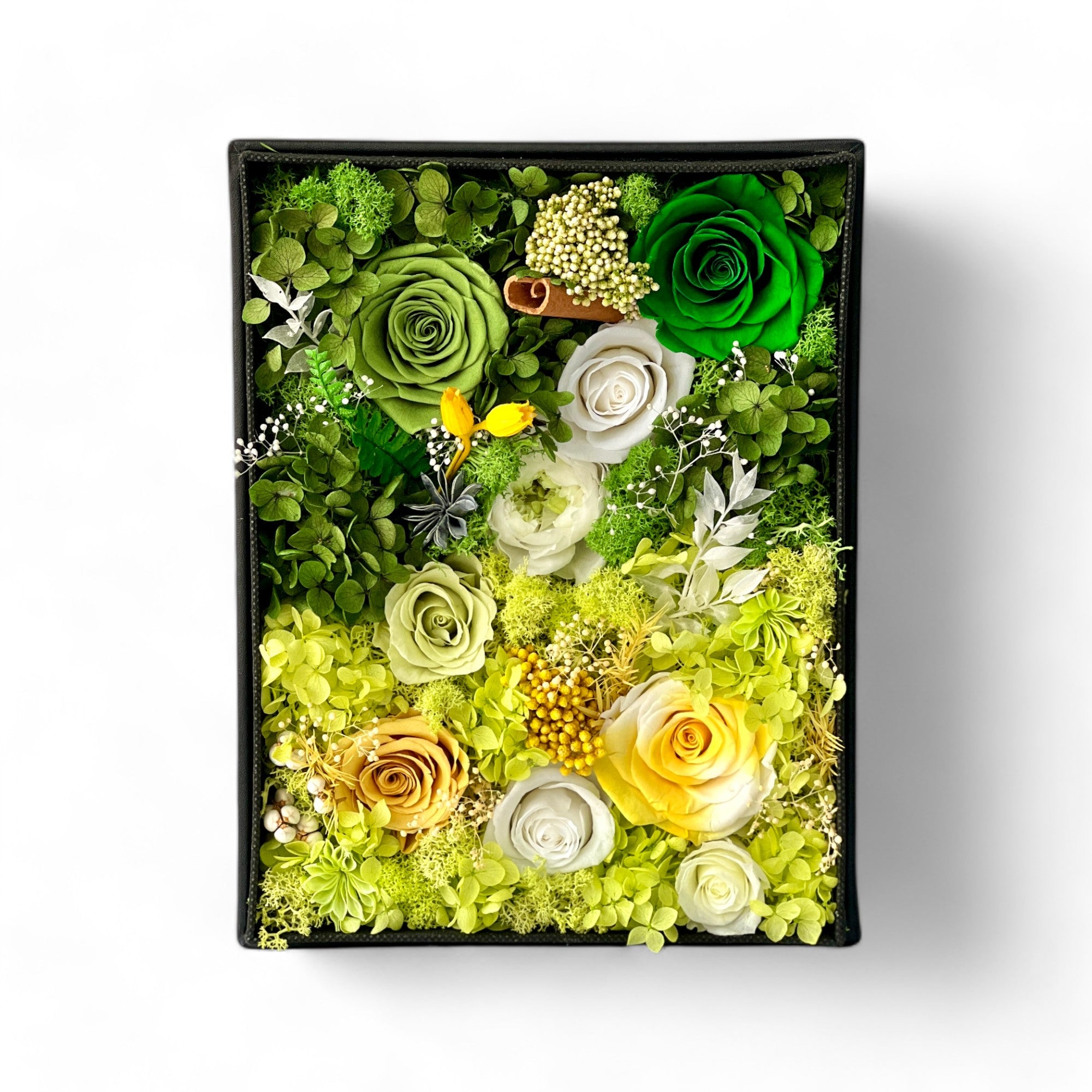 Mini Garden Floral Box with preserved roses and hydrangeas elegantly arranged in a compact box, perfect for gifting on special occasions. Size: 10''L x 8''W x 5''H.