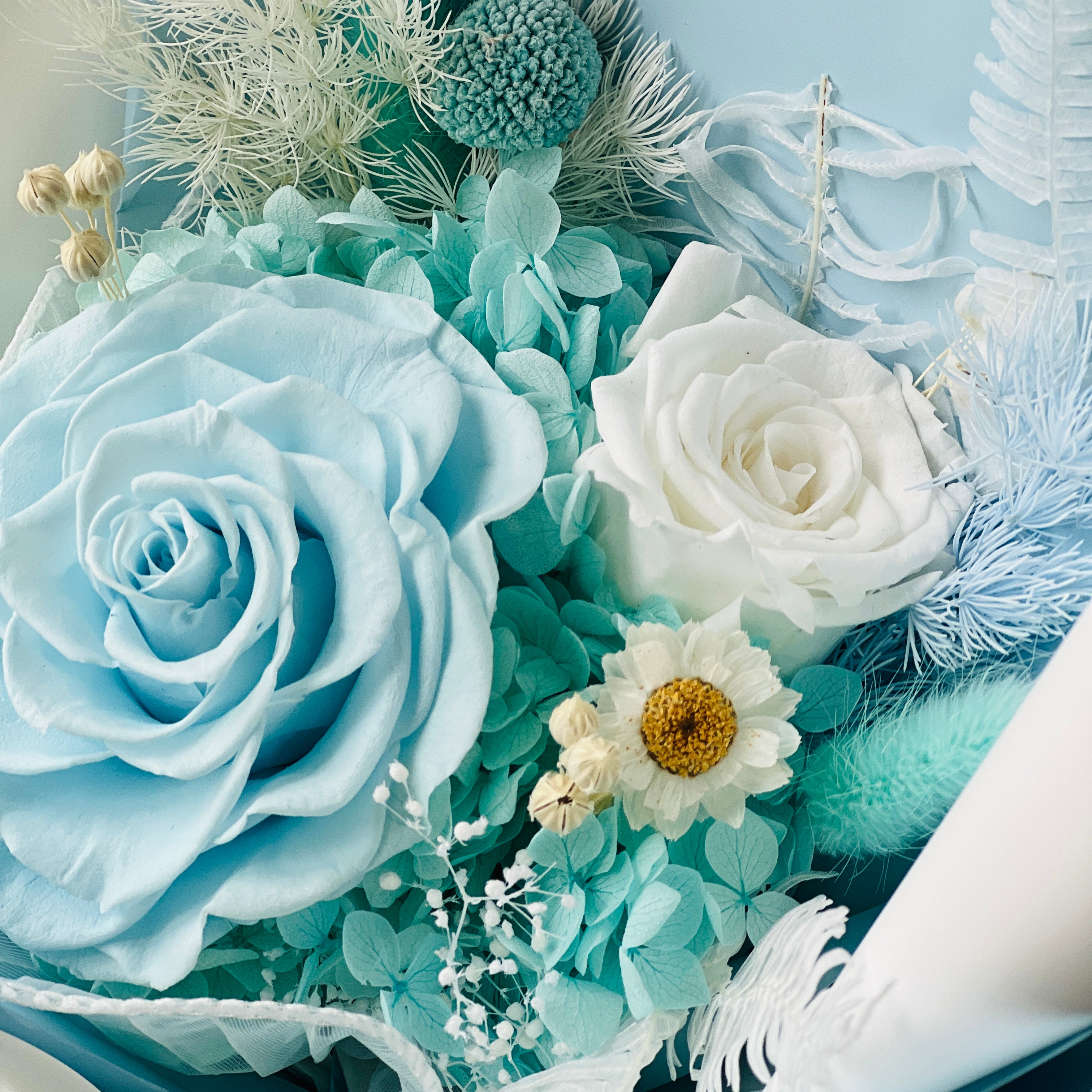 Blue & White Rose Bouquet With Hydrangea - Preserved Flower Bouquet