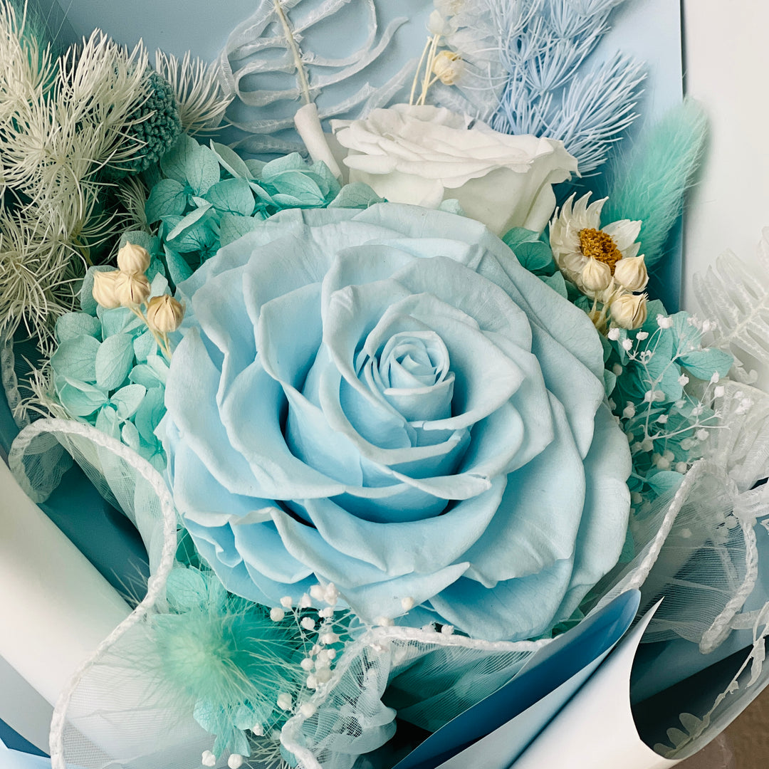 Blue & White Rose Bouquet With Hydrangea - Preserved Flower Bouquet