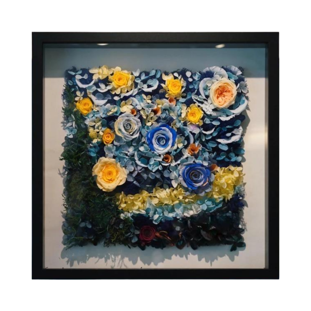 Van Gogh's The Starry Night reimagined with preserved flowers and greenery, creating a stunning floral wall art piece that brings texture and vibrancy to your space.