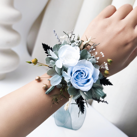 Corsage With Preserved Roses (White & Blue)