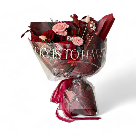 Pink & Red Rose Bouquet With Greeneries - Preserved Flower Bouquet